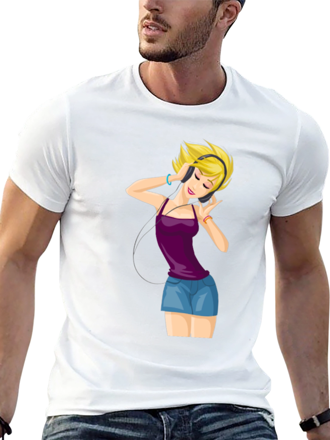 Black Music Lover T-Shirt: Cartoon Girl with Headphones view 13