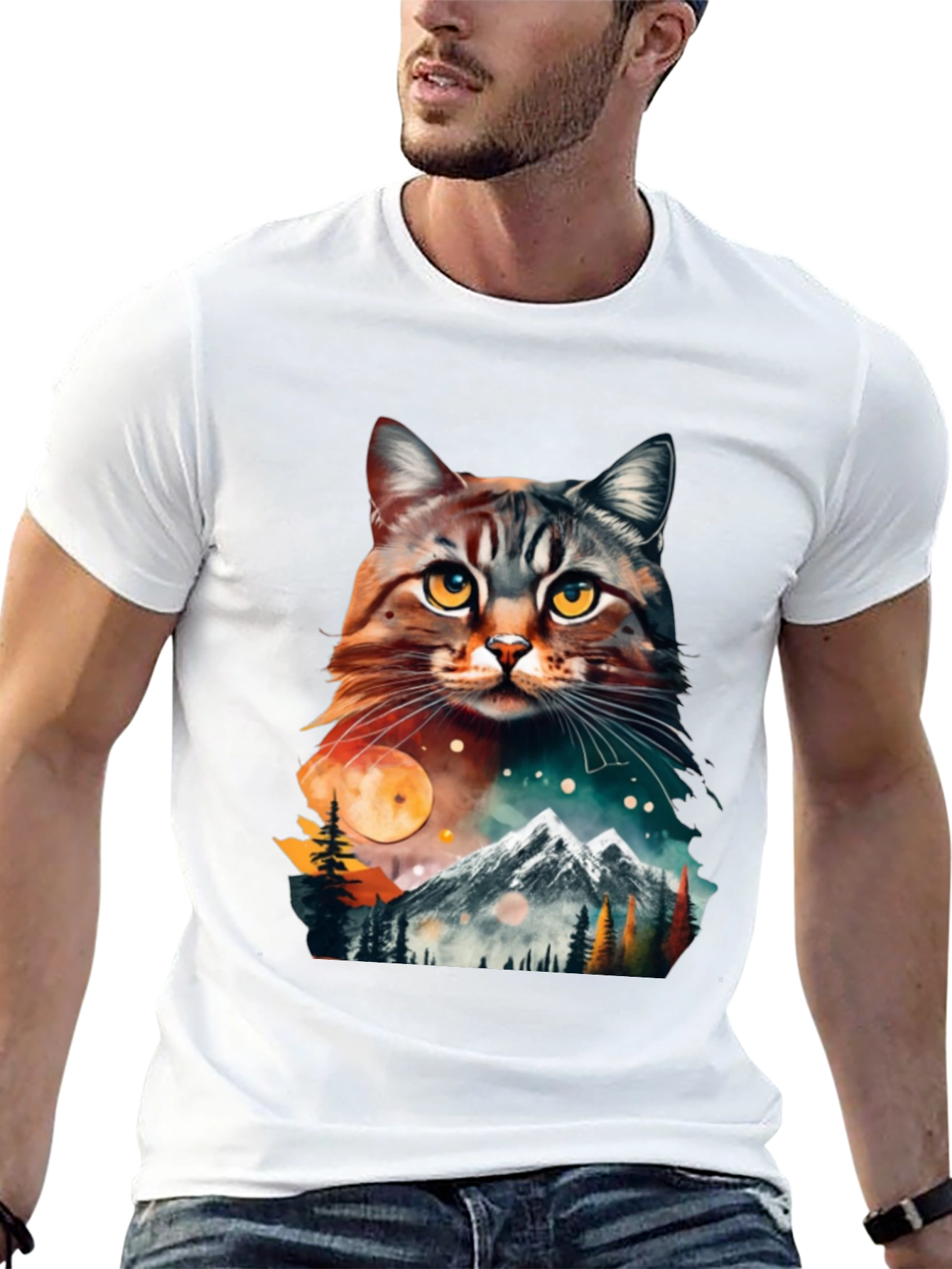 Black Cat & Mountain Graphic Tee - Unique Nature Design view 13