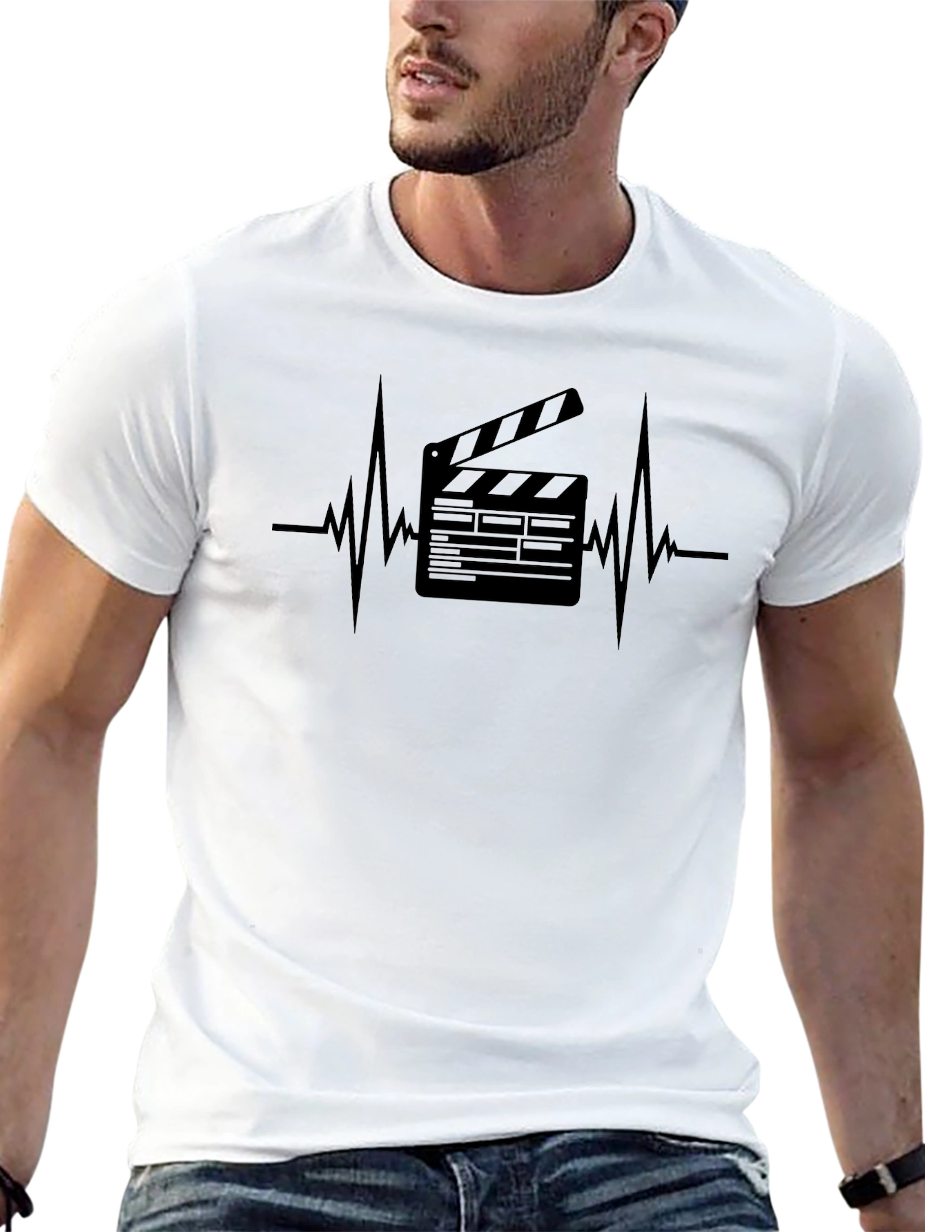 Black Movie Lover's Black T-Shirt with Heartbeat Clapper Design view 13