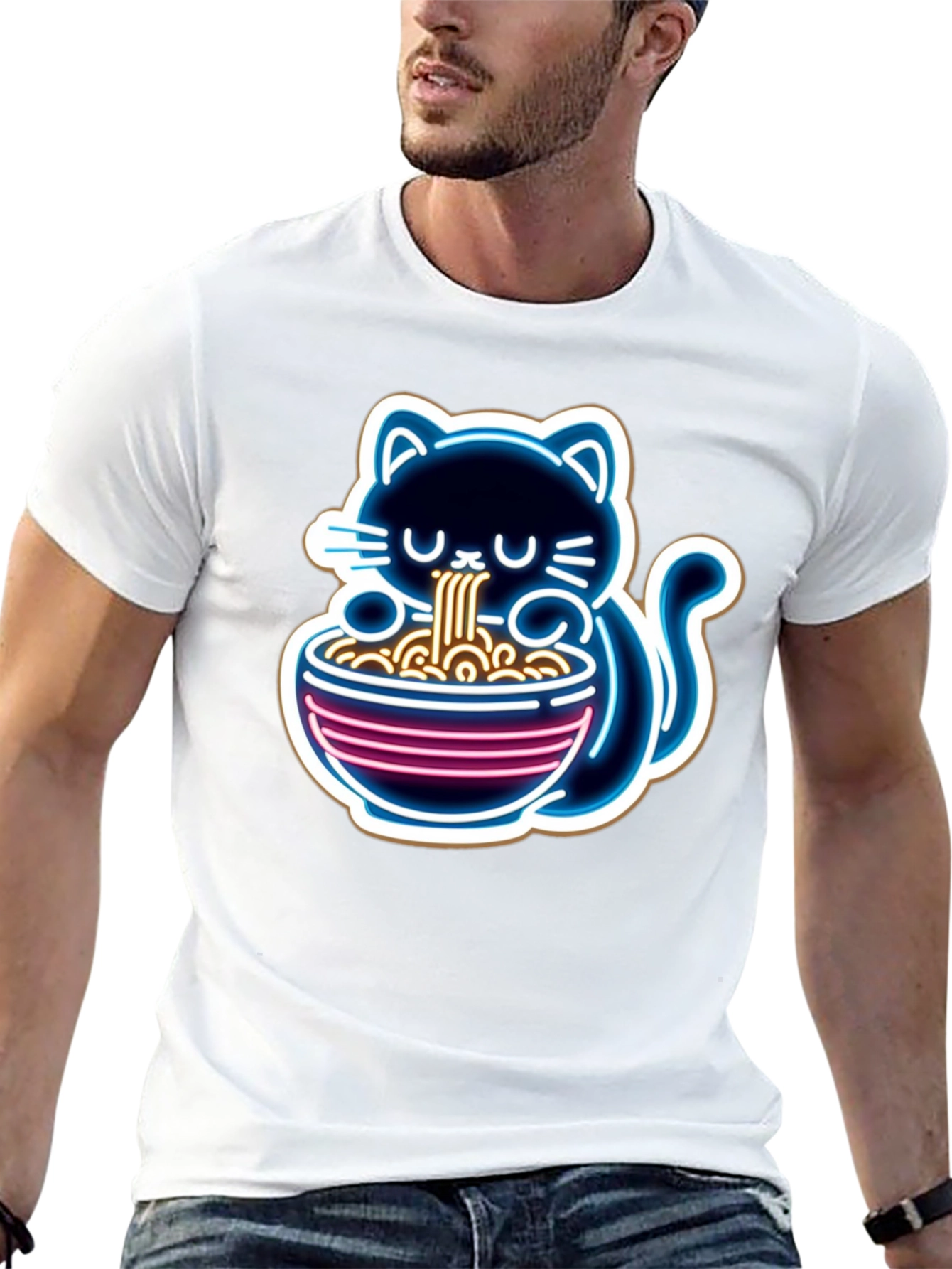 Black Neon Cat Ramen T-Shirt - Unique Graphic Tee view 13