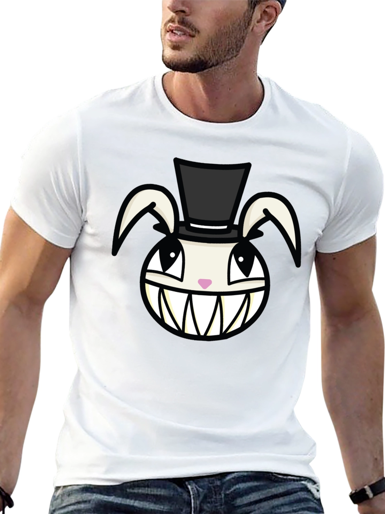 Black Creepy Rabbit Top Hat Graphic Tee - Black view 13