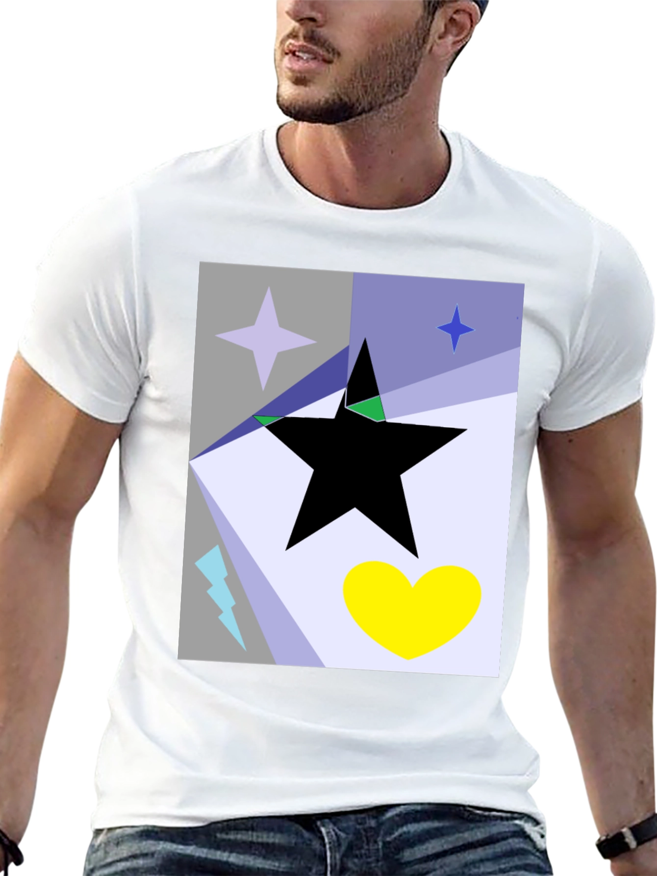 Black Abstract Star Heart Graphic Tee - Black Cotton T-Shirt view 13