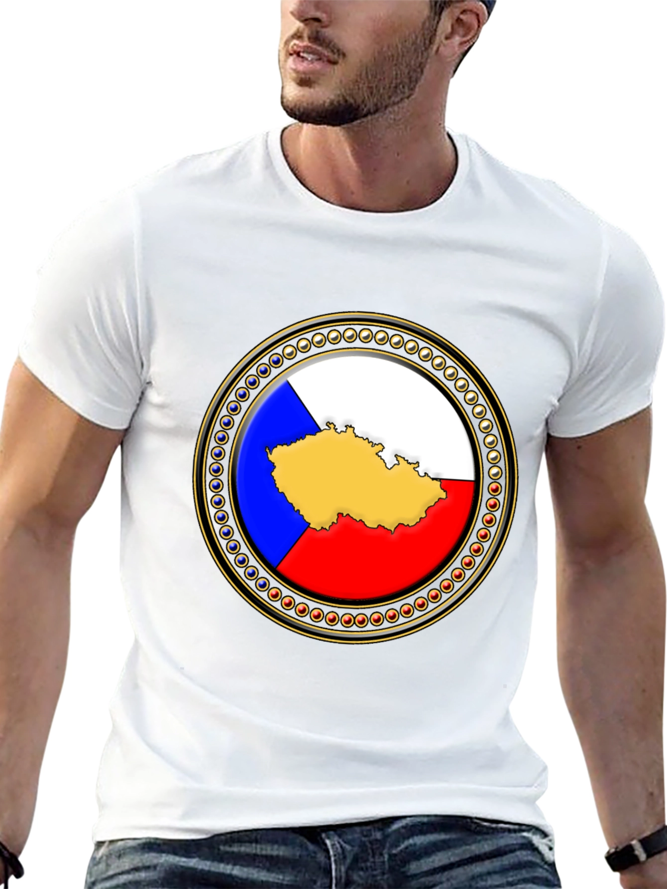 Czech Republic Flag Map T-Shirt - Black Cotton Tee - 13