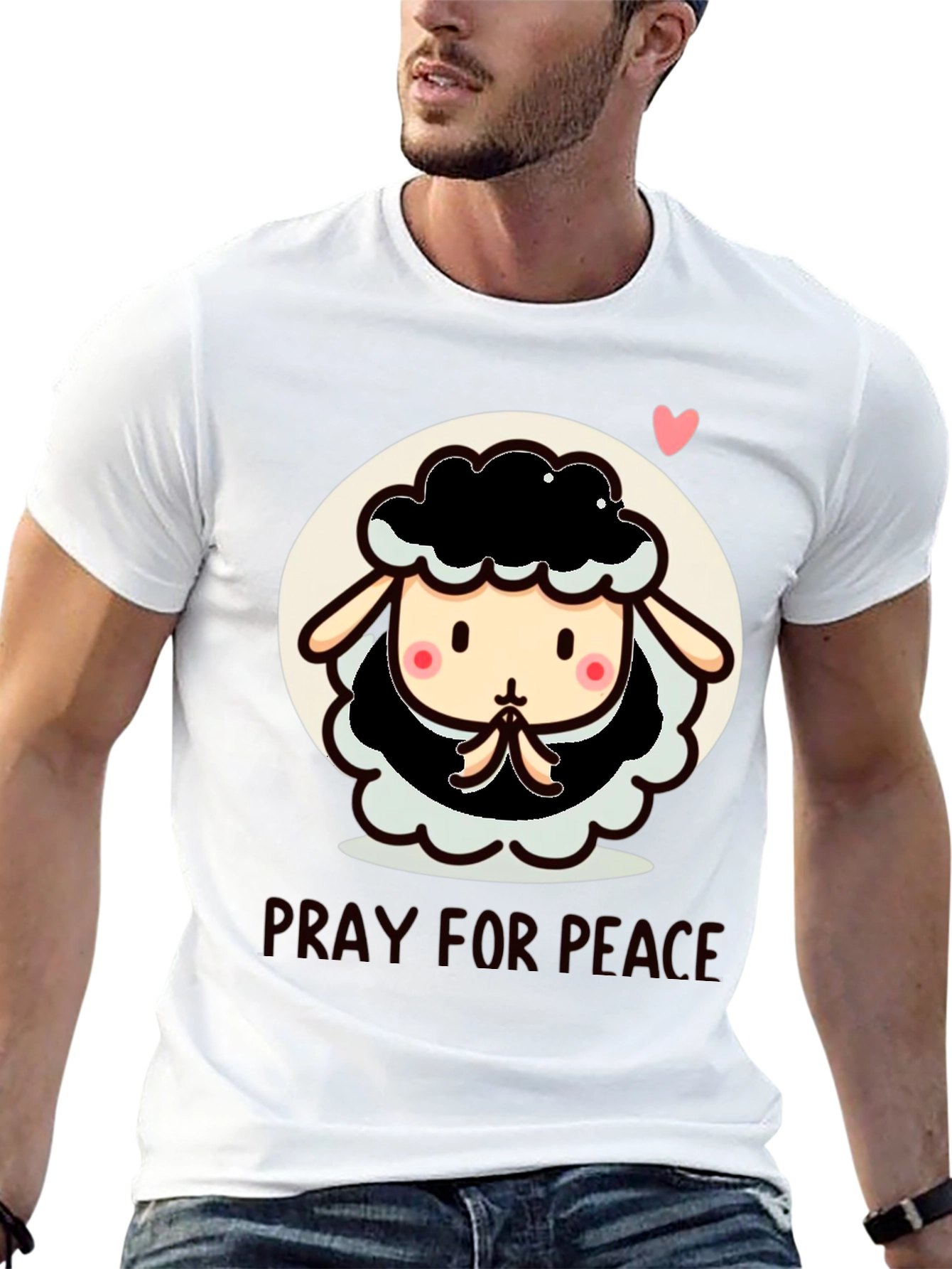 Black Pray for Peace Cartoon Sheep T-Shirt view 13