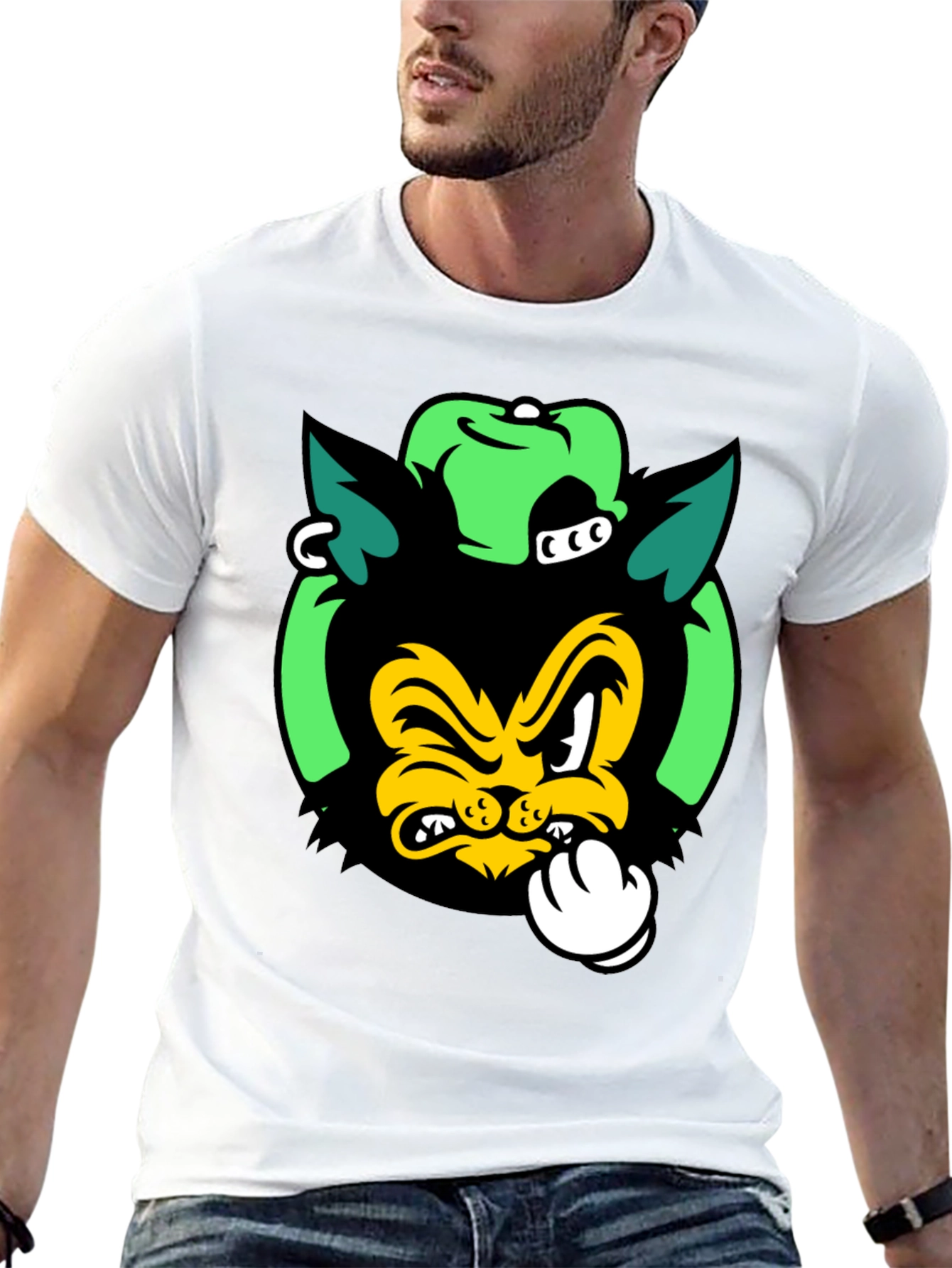 Black Cartoon Cat Graphic Print Black T-Shirt view 13