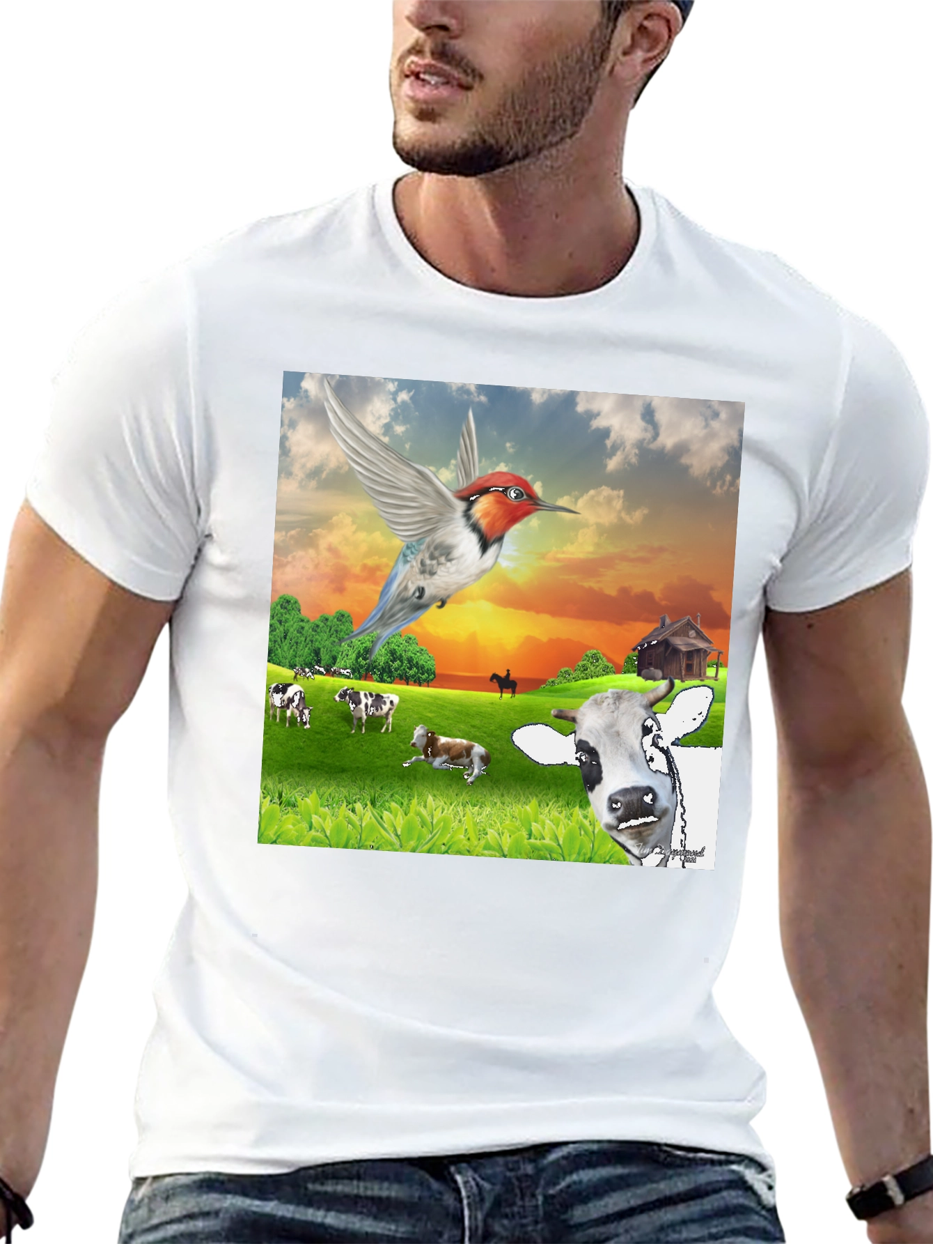 Black Hummingbird & Cow Farm T-Shirt - Unique Animal Design view 13