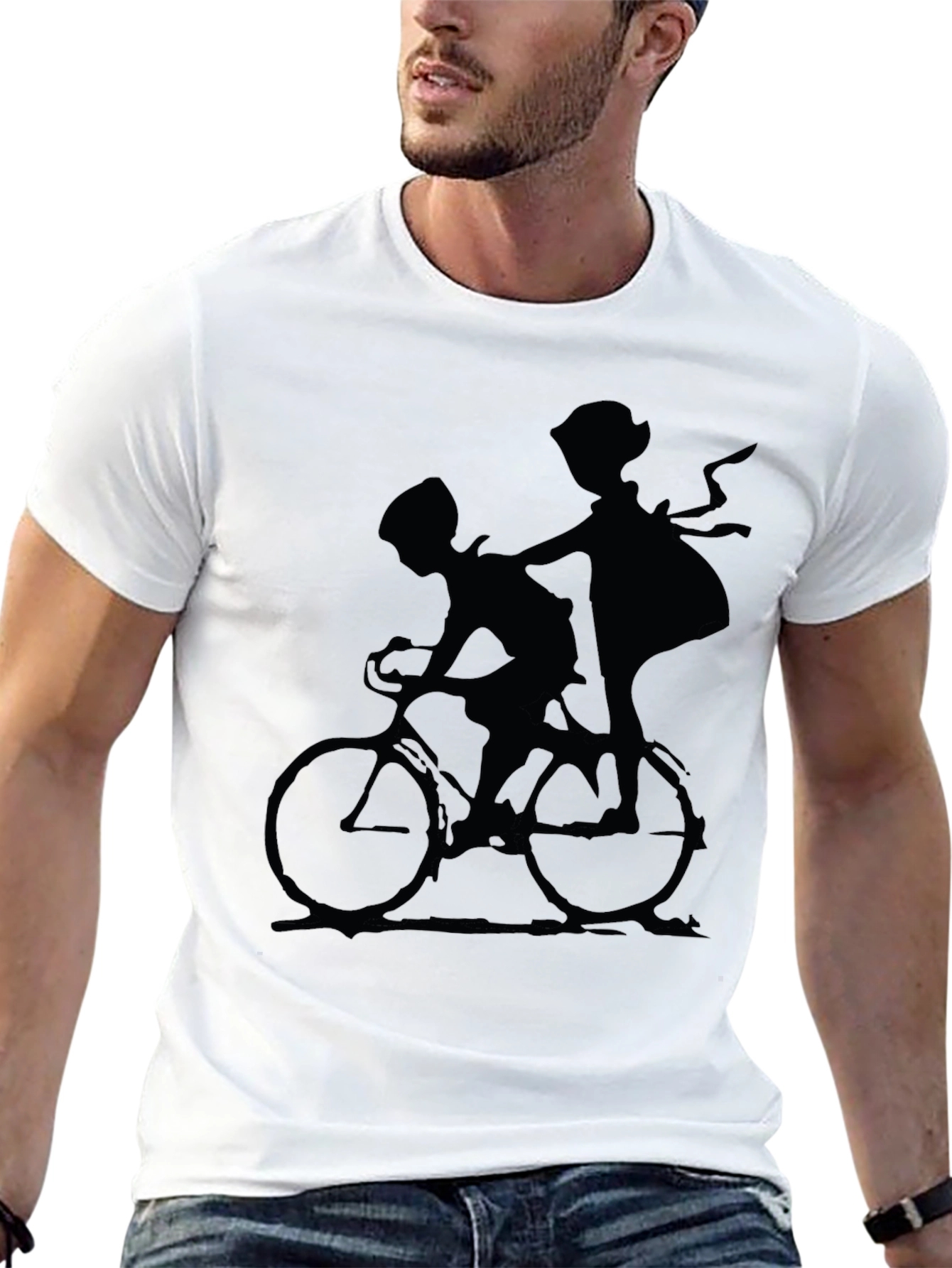 Black Silhouette Bike Ride Graphic Tee - Black Cotton Casual Shirt view 13