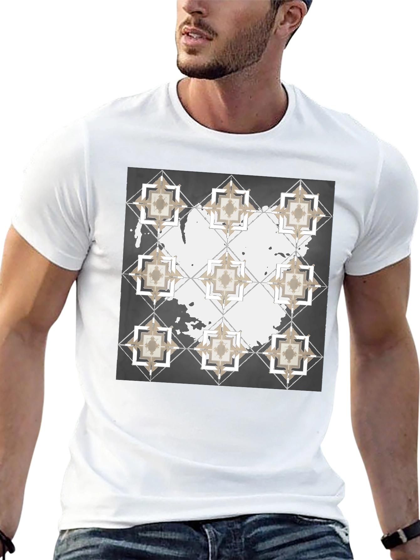 Black Geometric Tile Print Crew Neck T-Shirt view 13