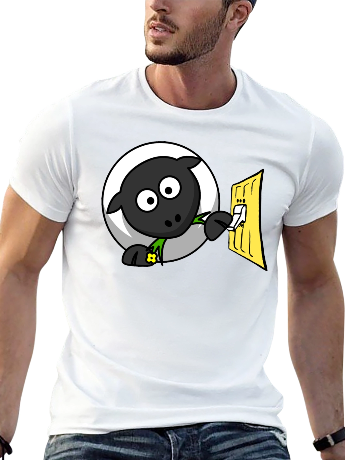 Black Funny Cartoon Sheep Turning on Light T-Shirt view 13