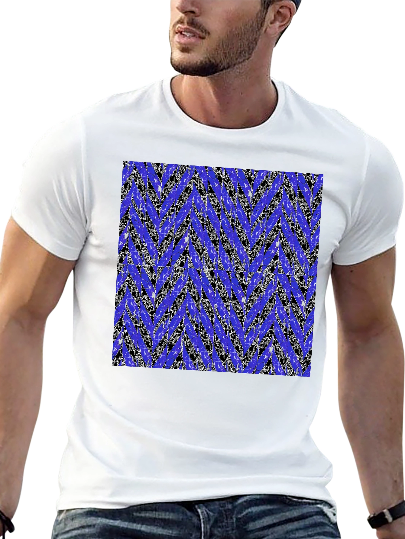 Black Abstract Blue Chevron Print Men's Black T-Shirt view 13
