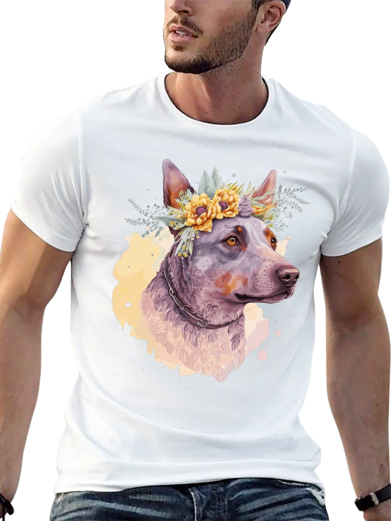 Black Dog with Flower Crown Graphic Tee - Artistic Pet Lover Shirt view 13