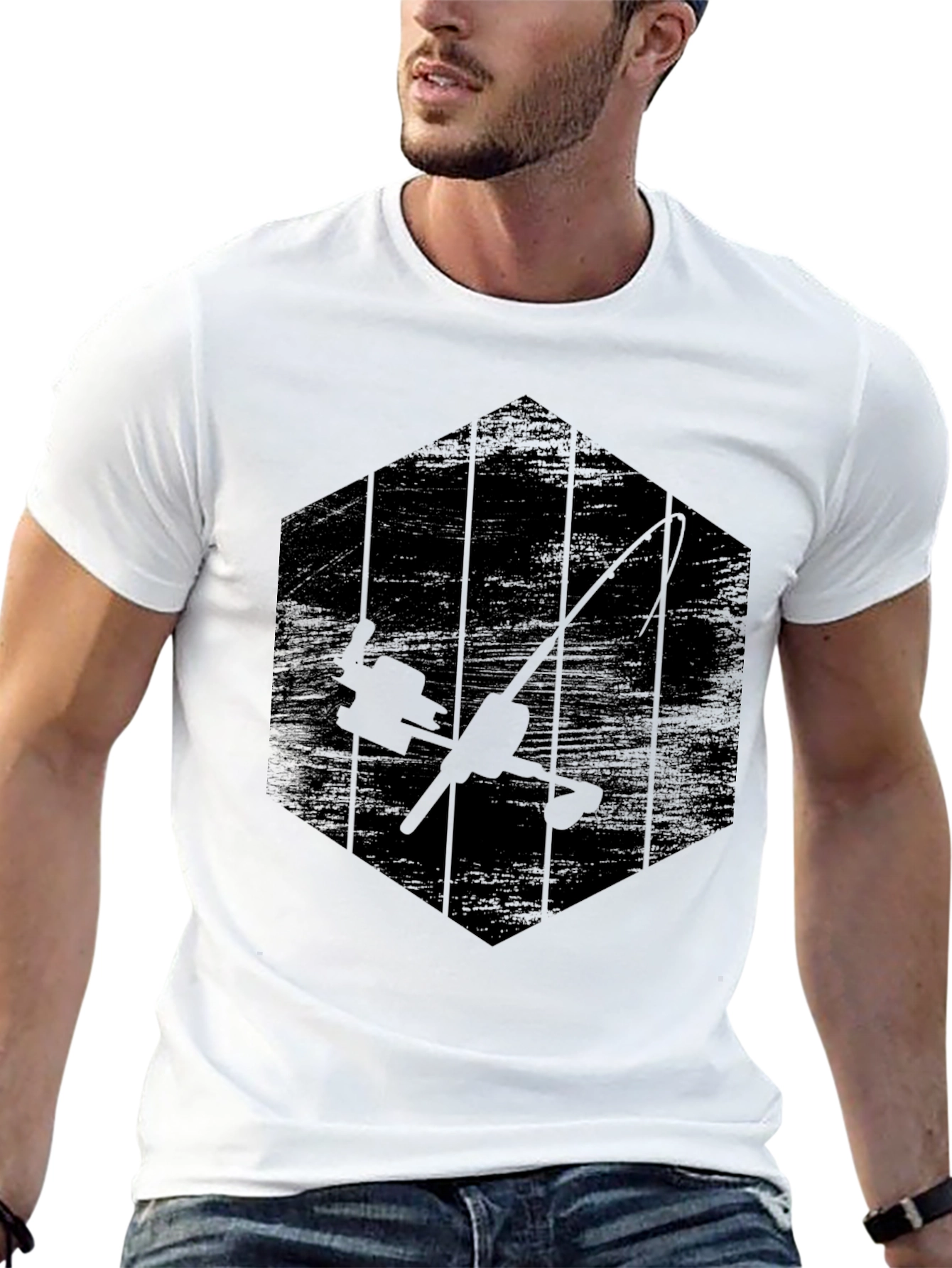Black Fishing Rod Graphic Tee - Angler's Hexagon T-Shirt view 13