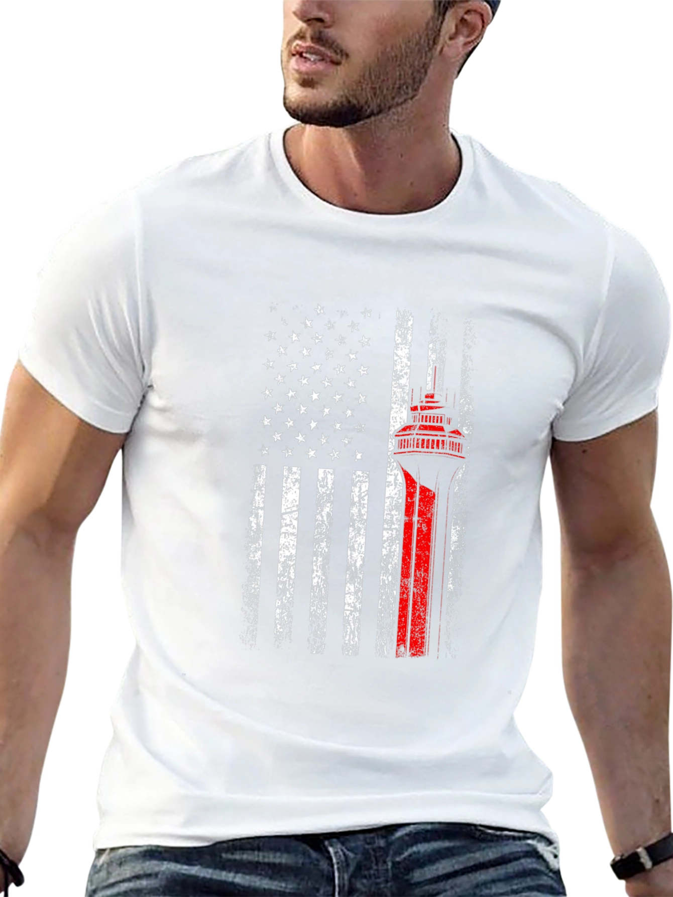 Black American Flag Space Needle Patriotic T-Shirt view 13