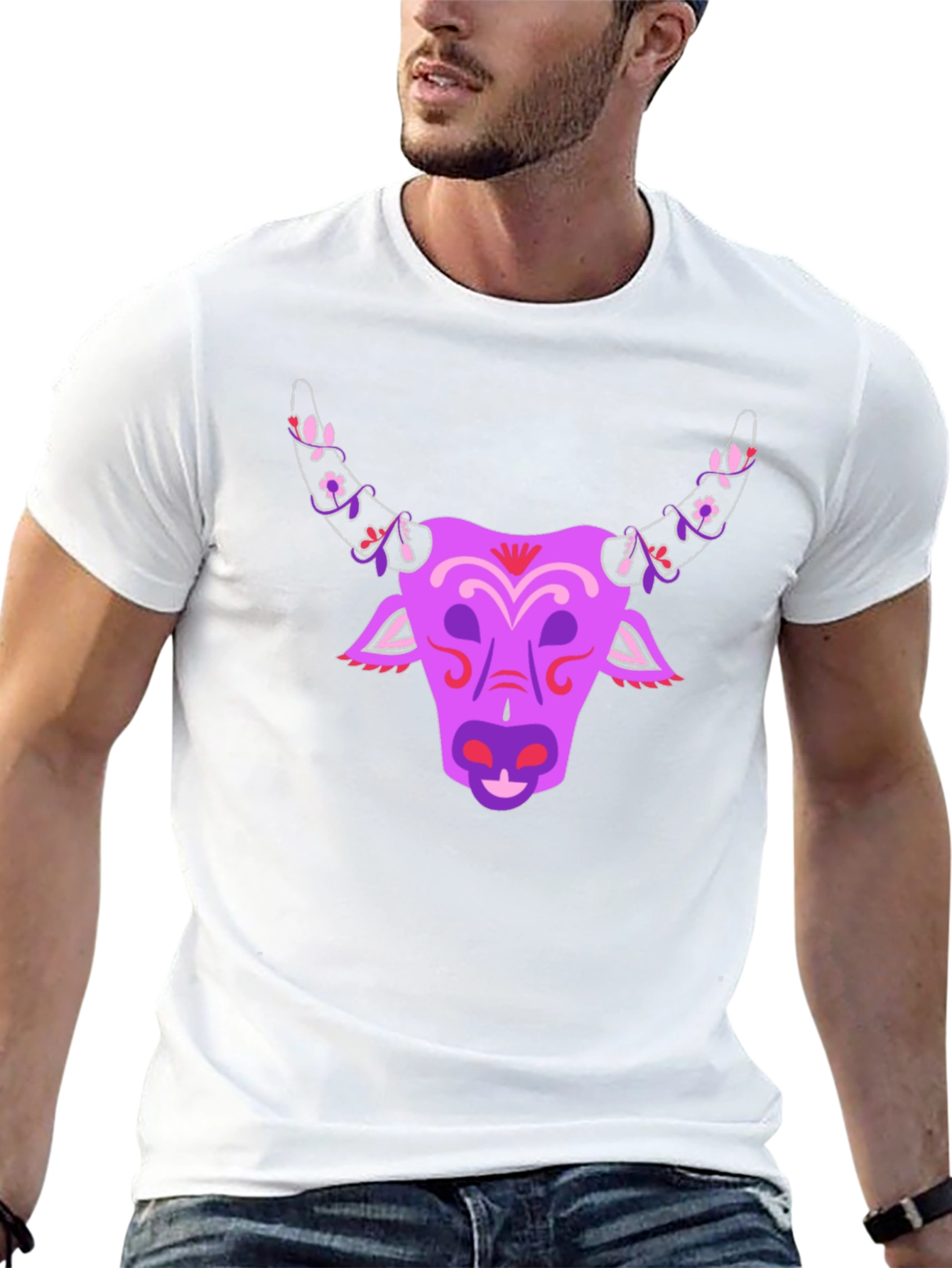 Black Floral Bull Graphic T-Shirt - Unique Design view 13