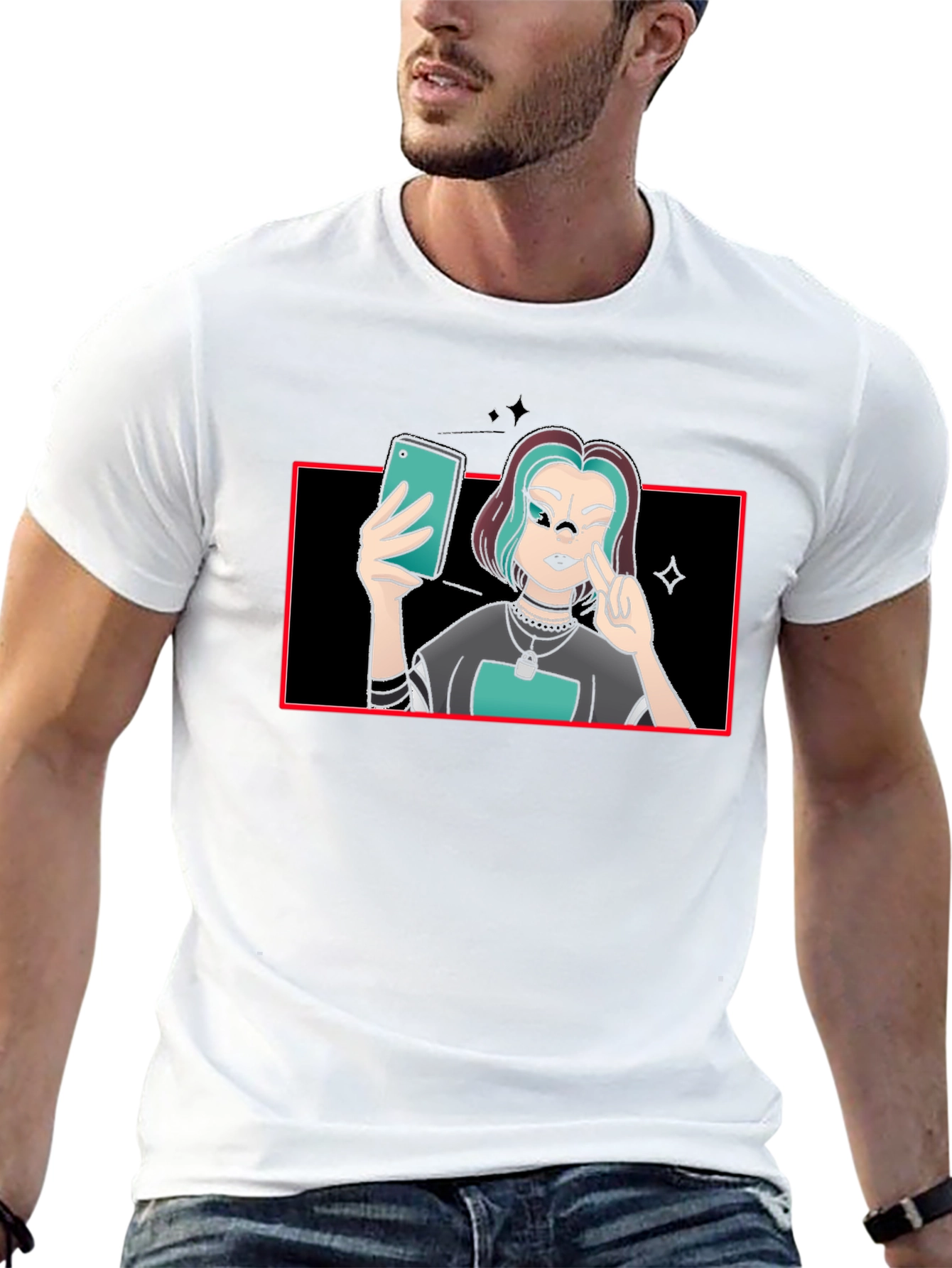 Black Cartoon Selfie Graphic Tee - Black Cotton Blend view 13