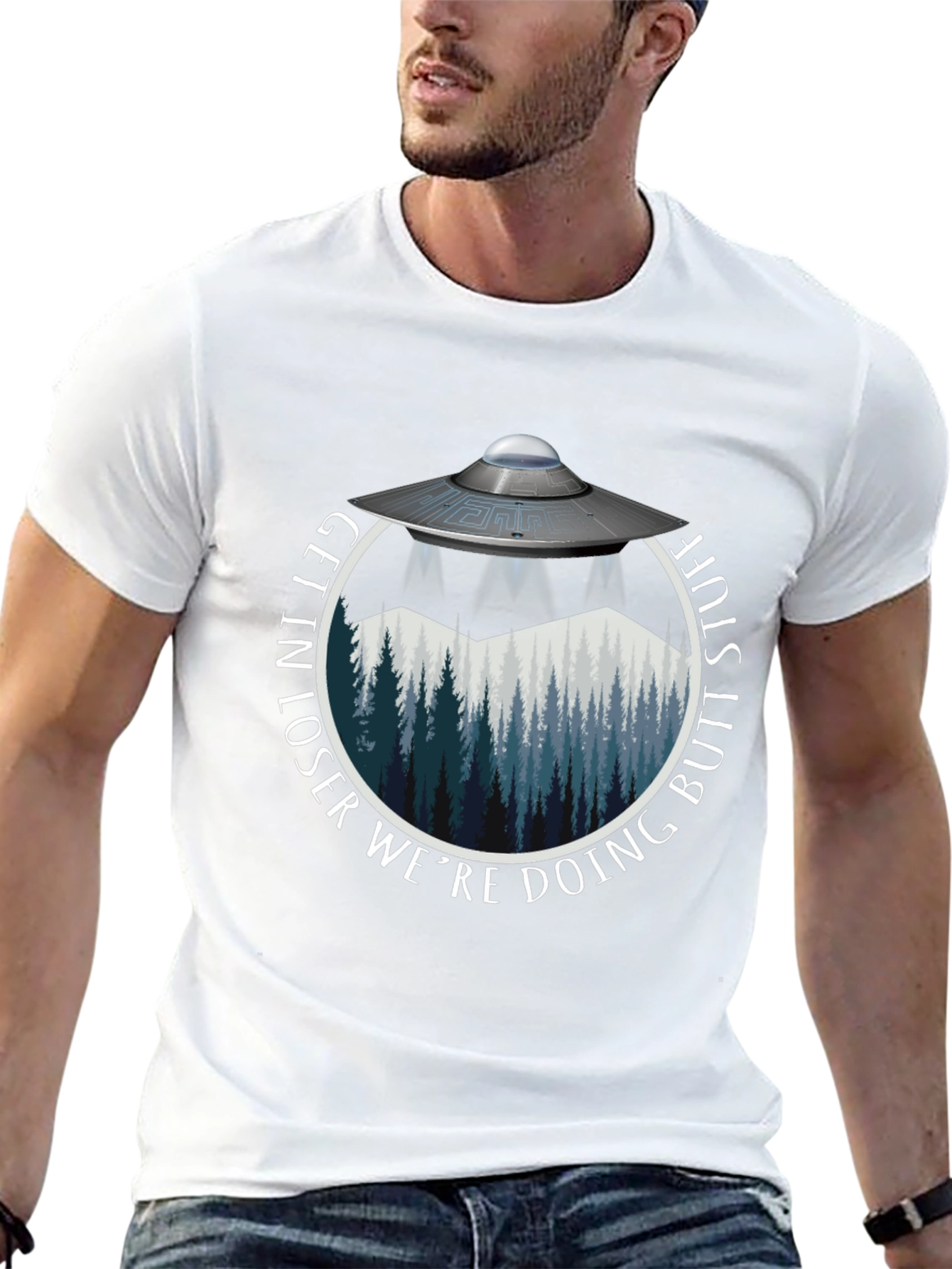 Black Get In Loser We're Doing Butt Stuff Alien UFO T-Shirt view 13