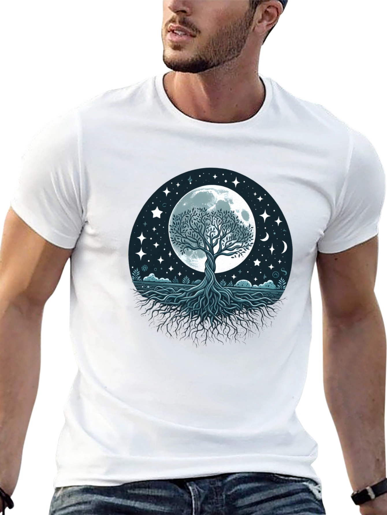 Black Mystic Tree of Life Moon Graphic Tee - Black Cotton Shirt view 13