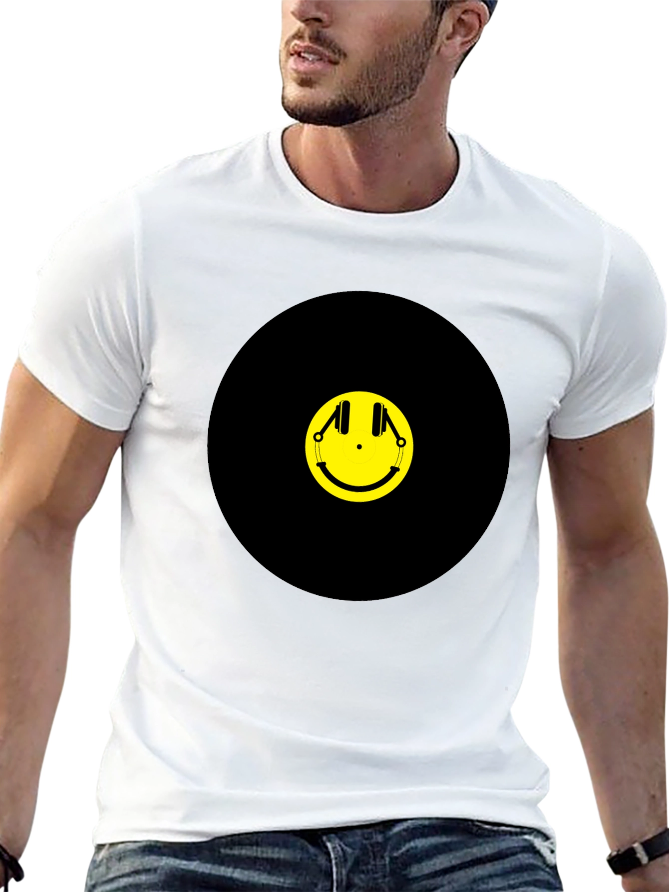 Black Smiley Face Headphones Graphic Tee - Black Cotton T-Shirt view 13