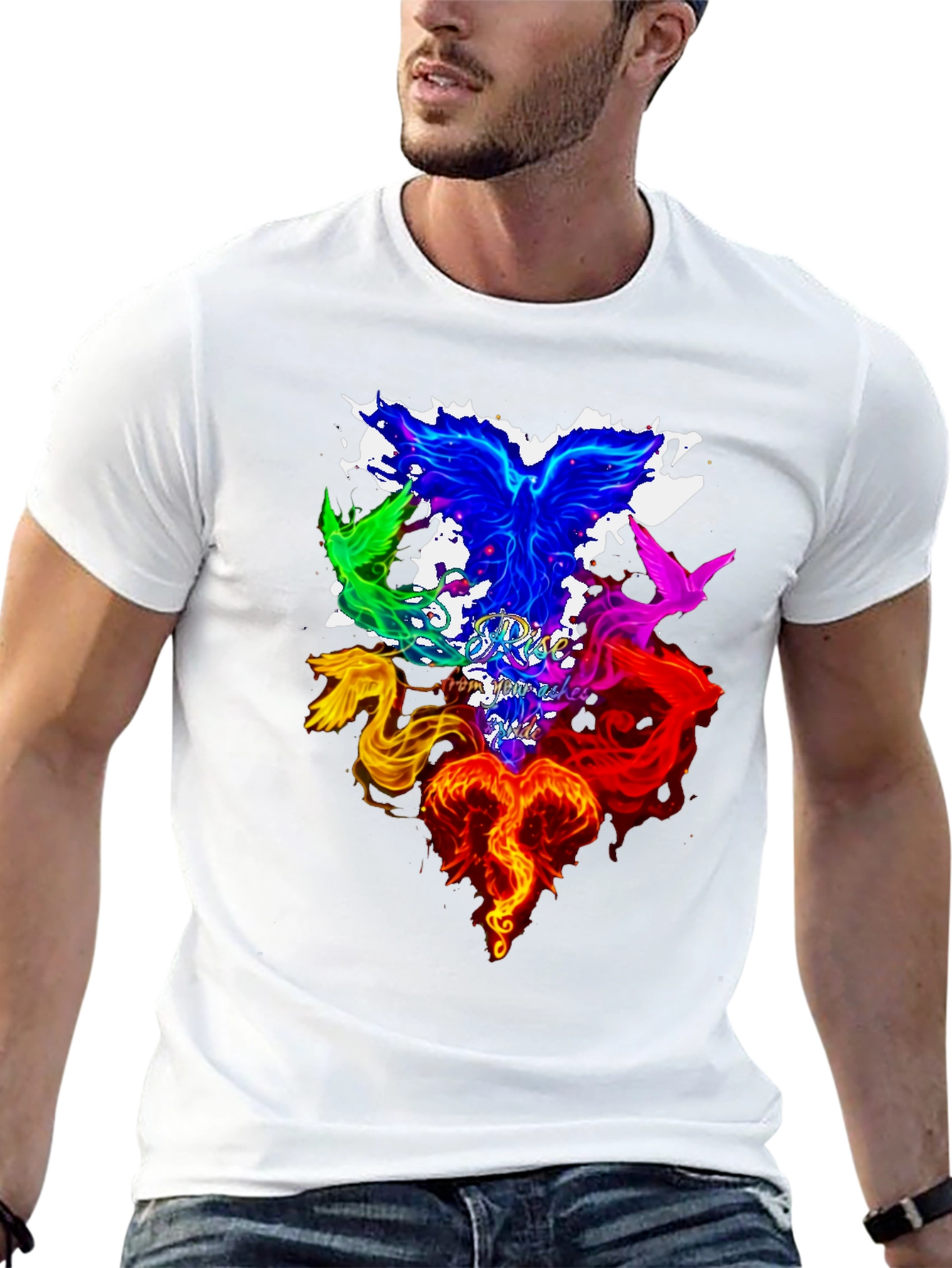 Black Rise from Ashes Phoenix Graphic Tee - Colorful Bird Design view 13