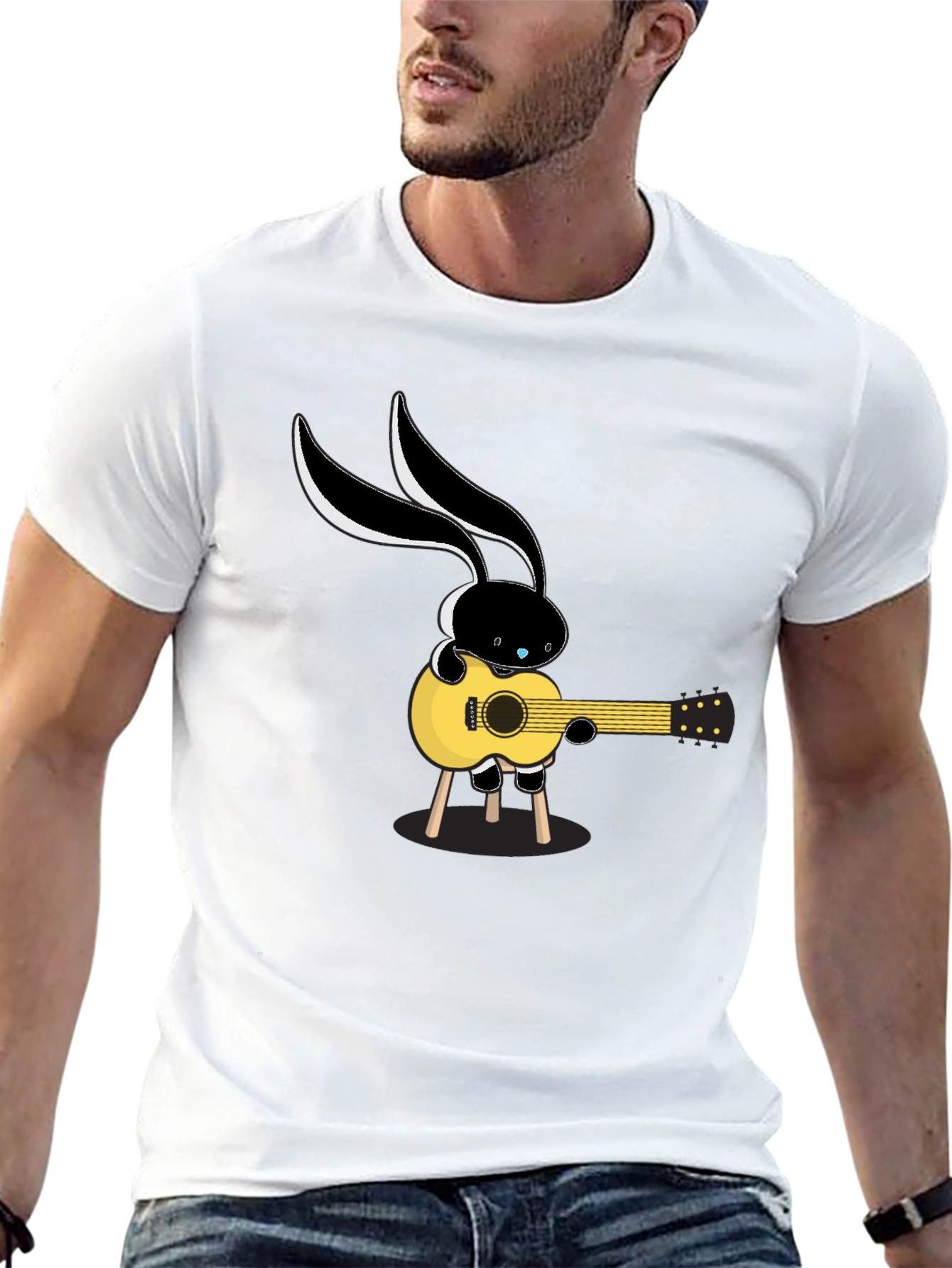 Black Cool Cartoon Bunny Guitarist Black T-Shirt view 13
