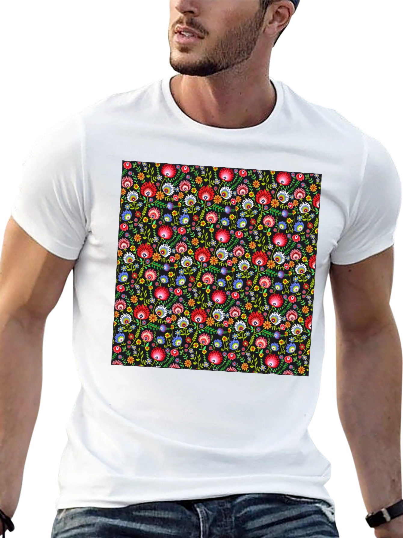 Black Floral Pattern T-Shirt - Vibrant Design view 13