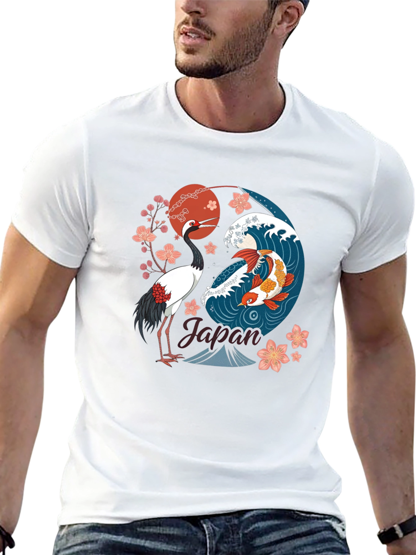 Black Japanese Koi and Crane Graphic T-Shirt view 13