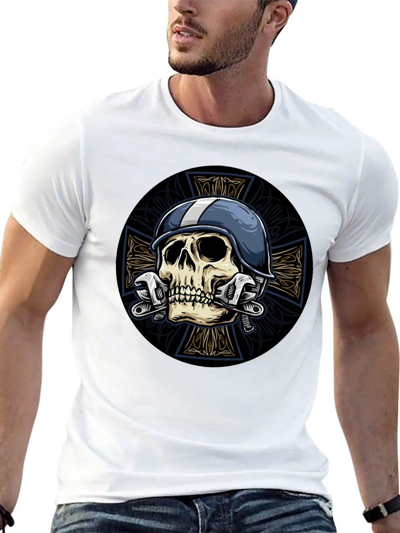 Black Skull & Wrench Graphic Tee view 13