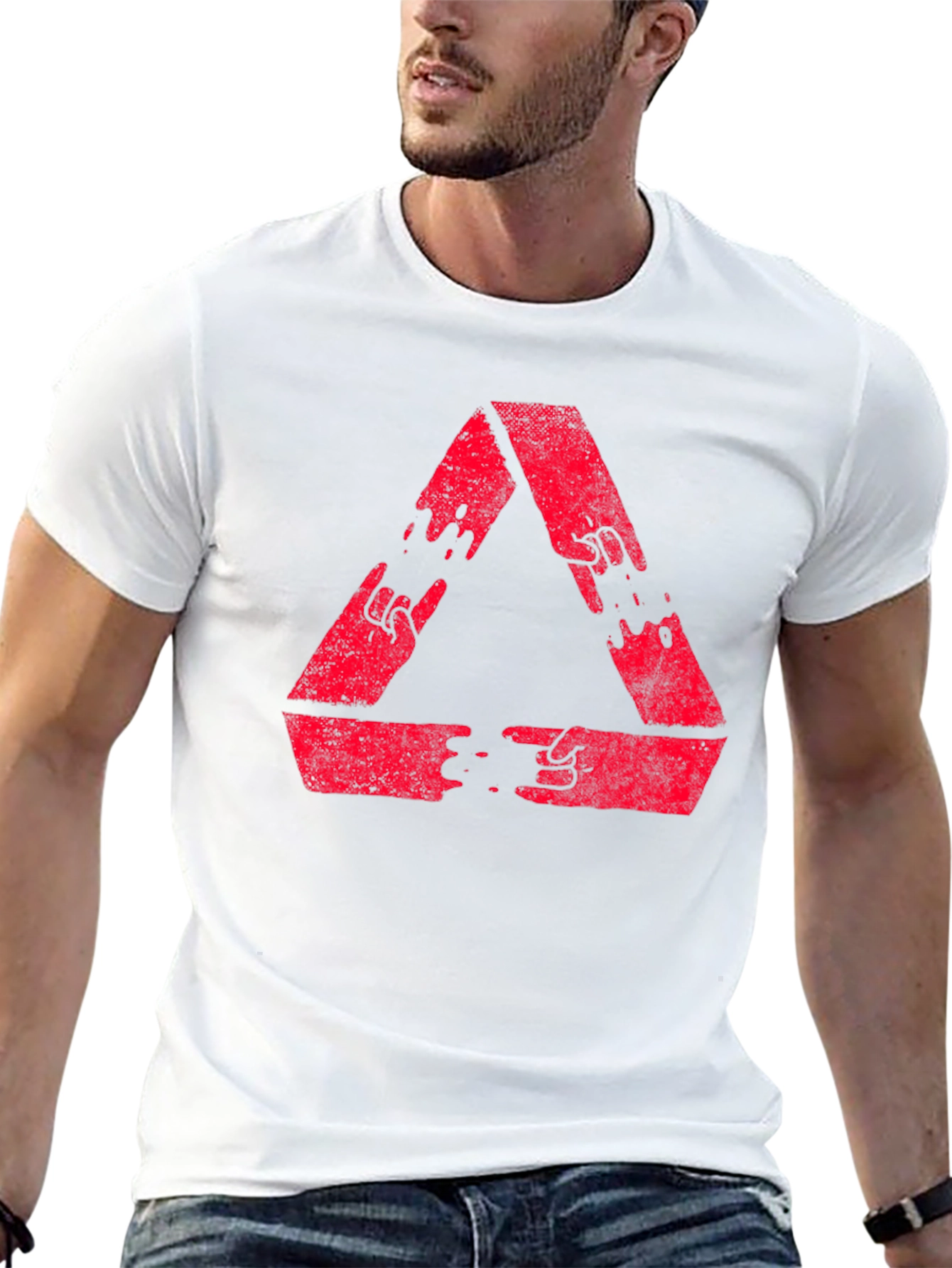 Black Red Triangle Hand Gesture Graphic Black T-Shirt view 13