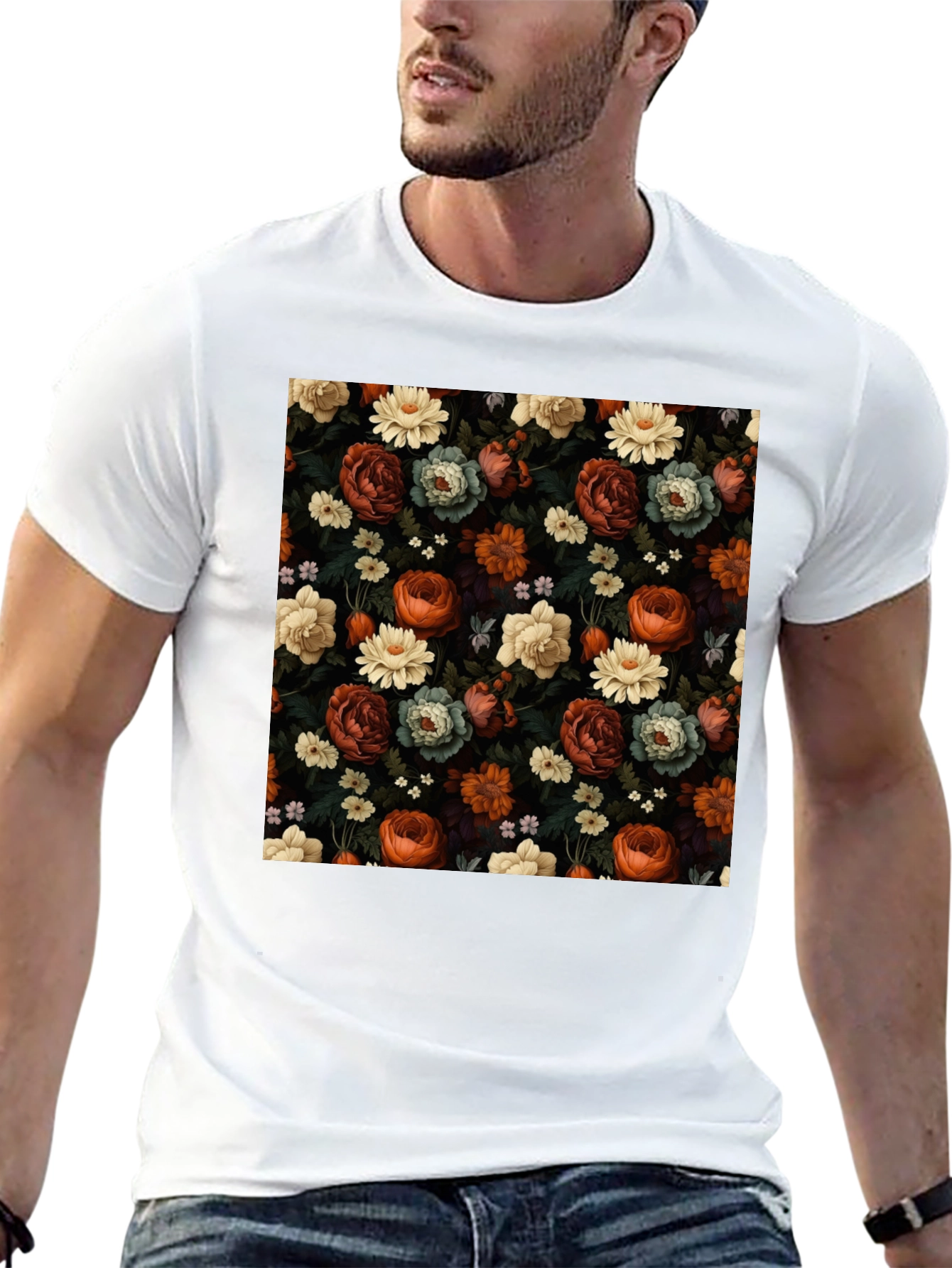 Black Floral Print Men's T-Shirt view 13