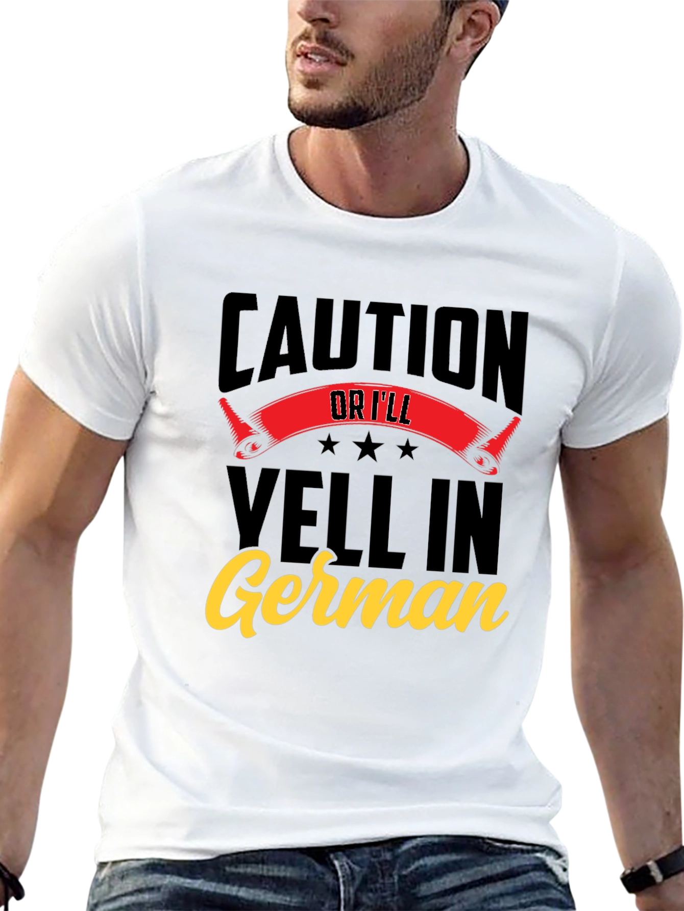 Black Caution Or I'll Yell In German T-Shirt view 13