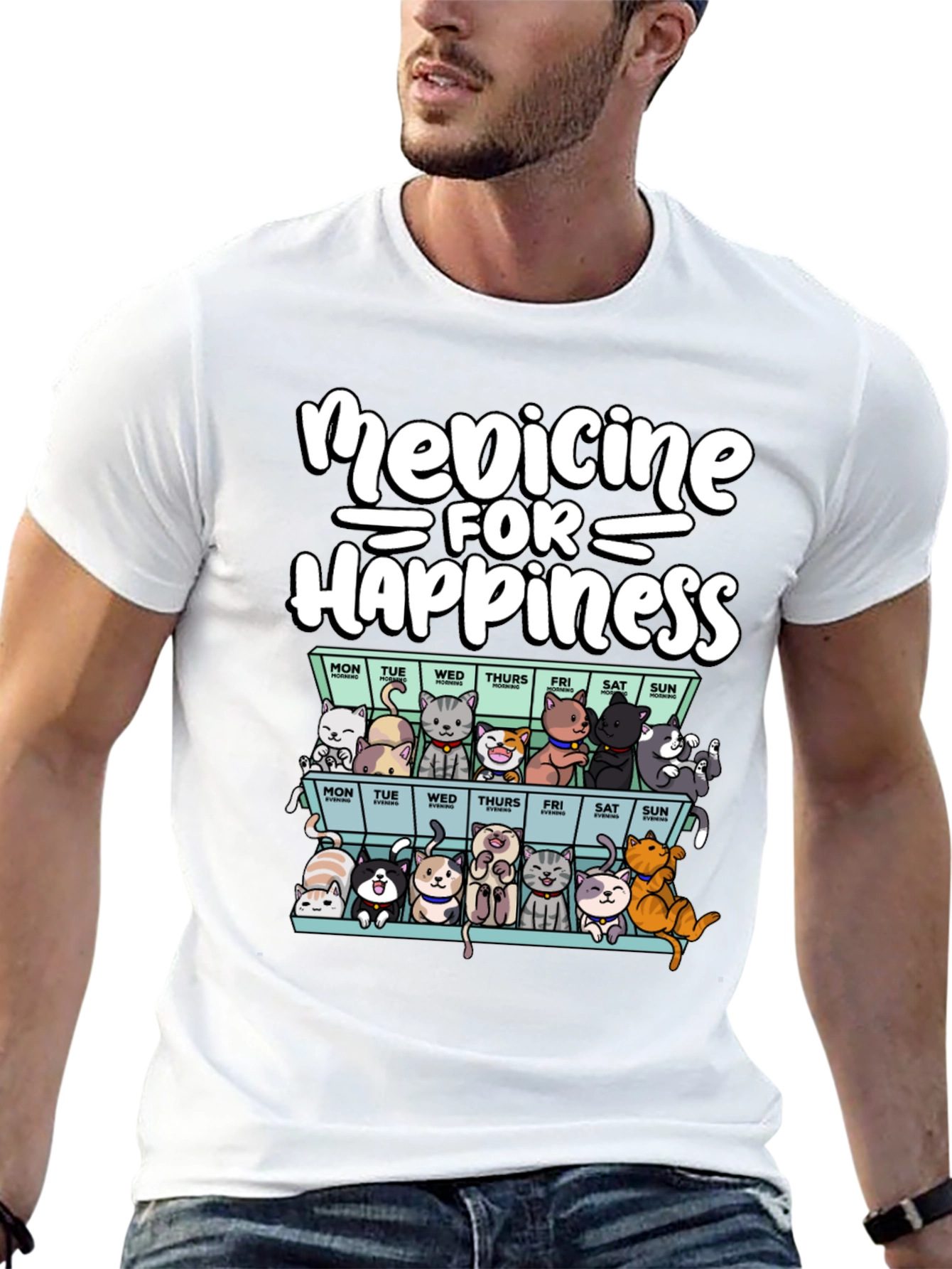 Black Medicine for Happiness Cat T-Shirt view 13