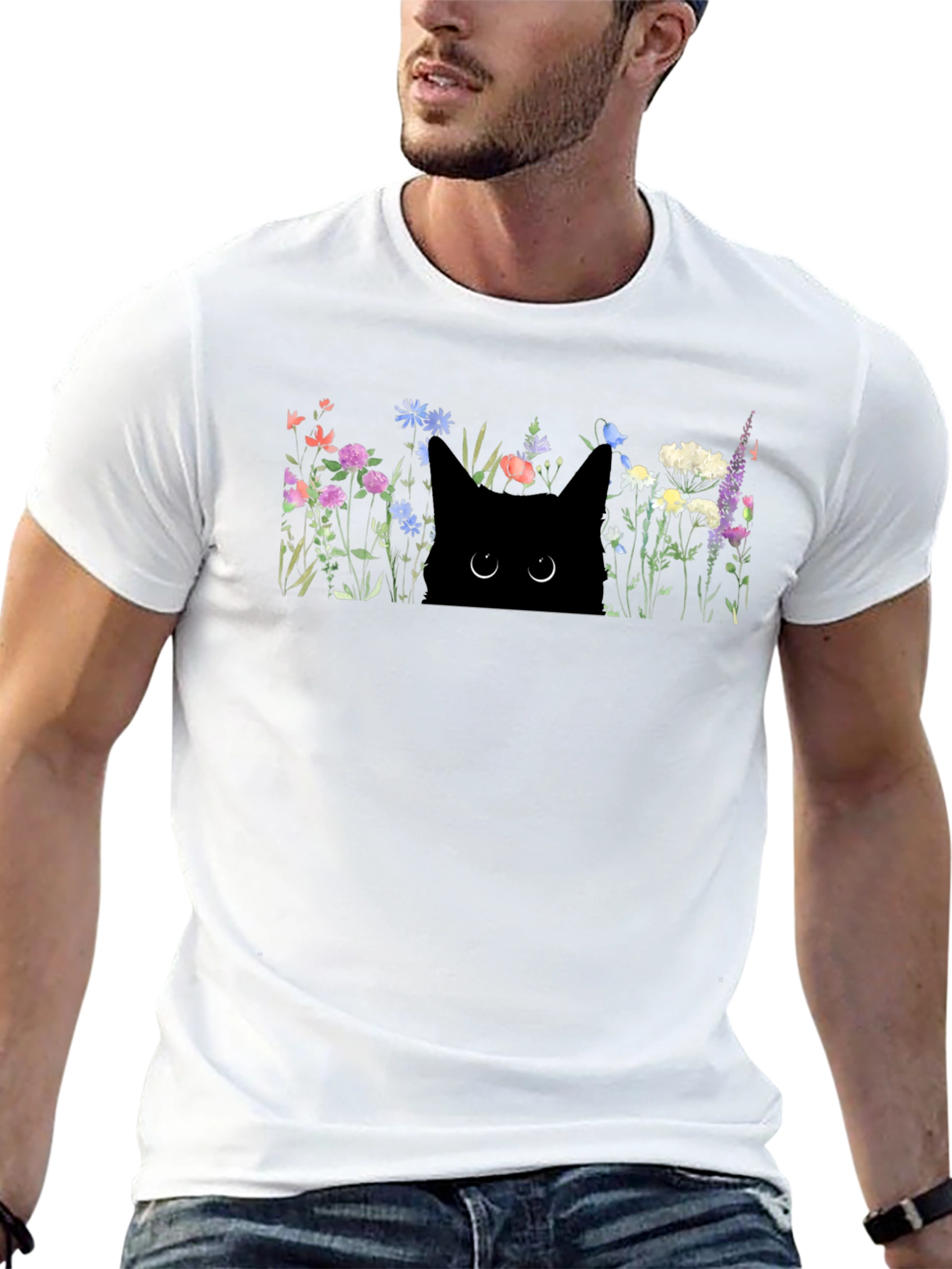 Black Black Cat in Flowers Graphic T-Shirt view 13