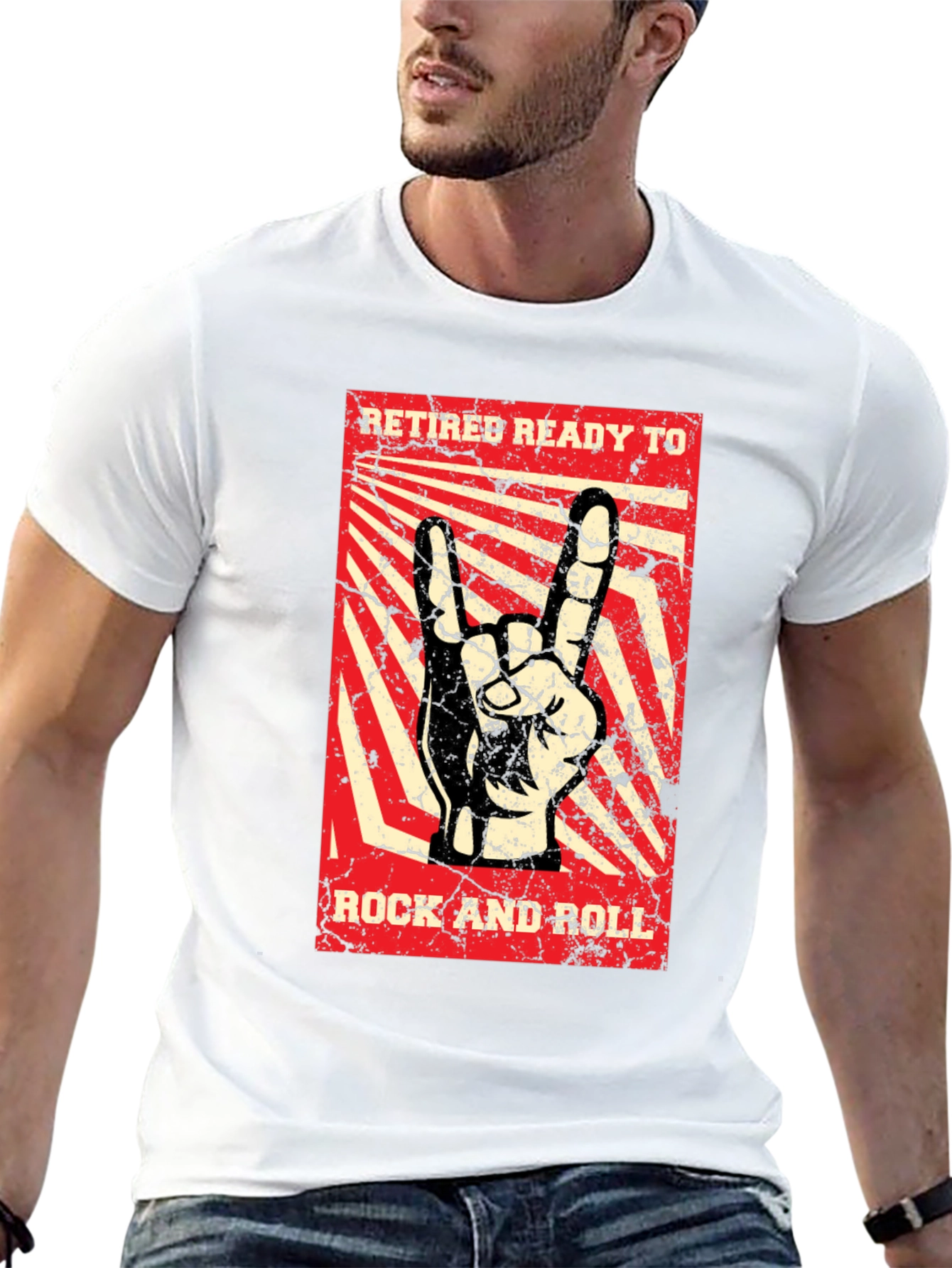 Black Retiree Ready to Rock T-Shirt - Rock and Roll Hand Sign view 13
