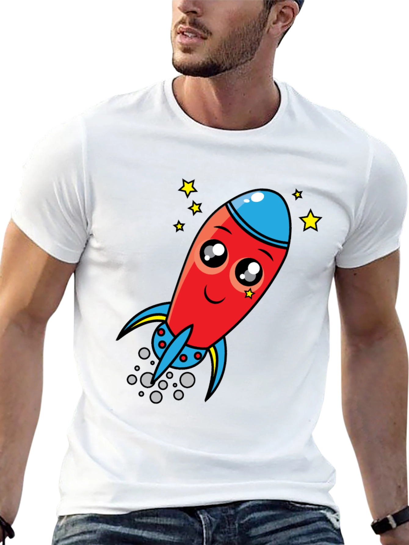 Black Cartoon Rocket Graphic Tee - Black Cotton T-Shirt view 13