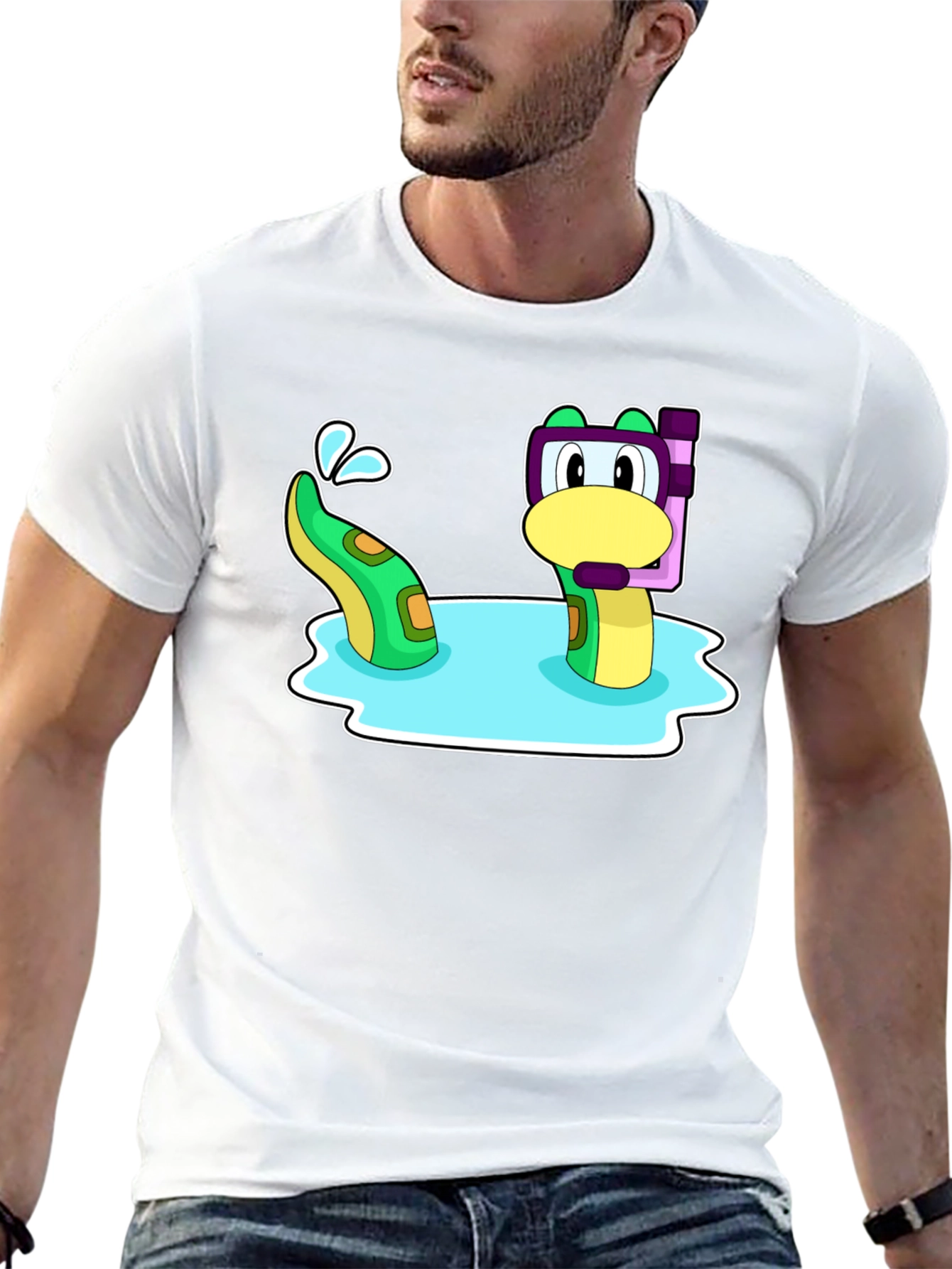 Black Cartoon Sea Serpent Snorkel T-Shirt view 13
