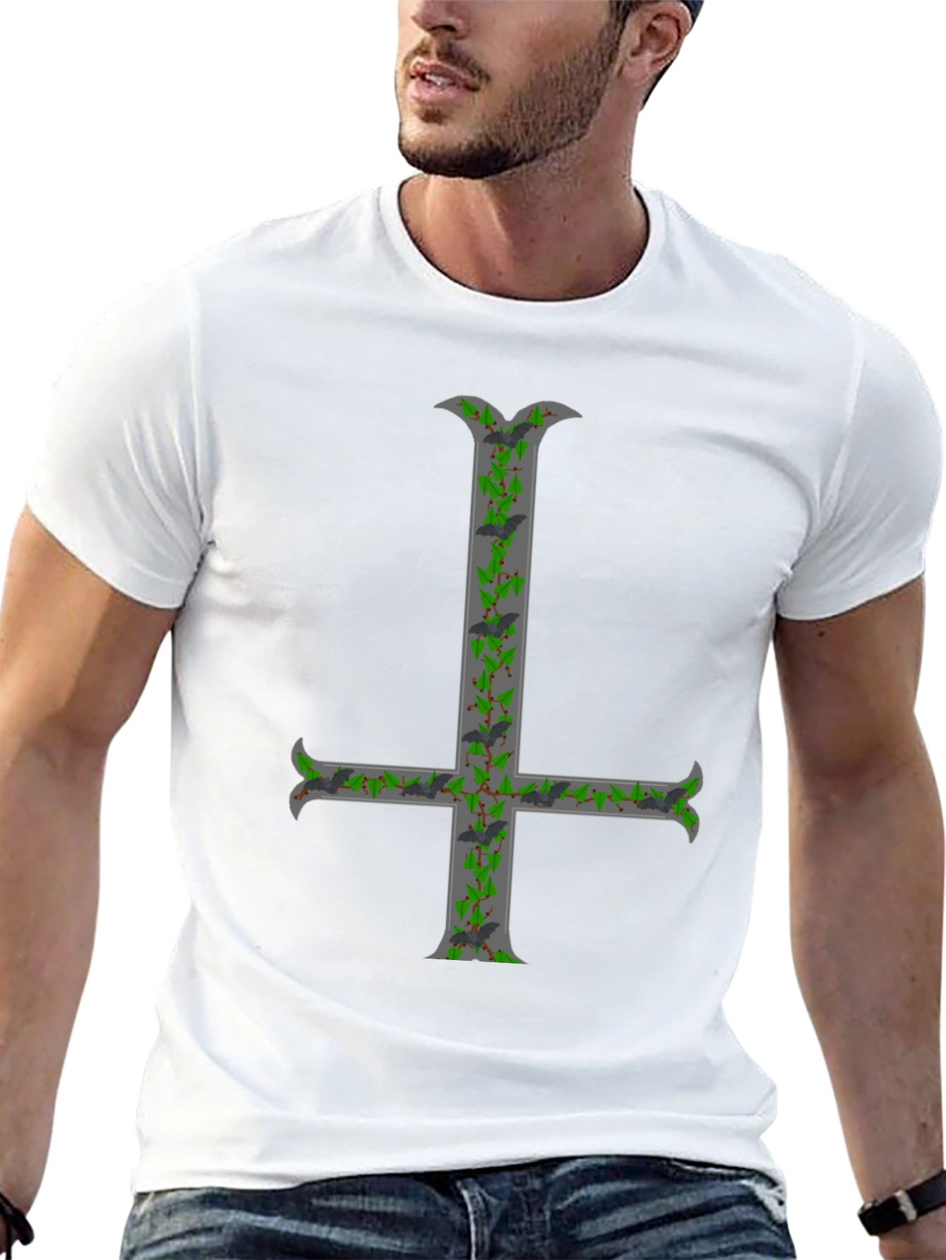 Black Inverted Cross T-Shirt with Bats and Ivy view 13