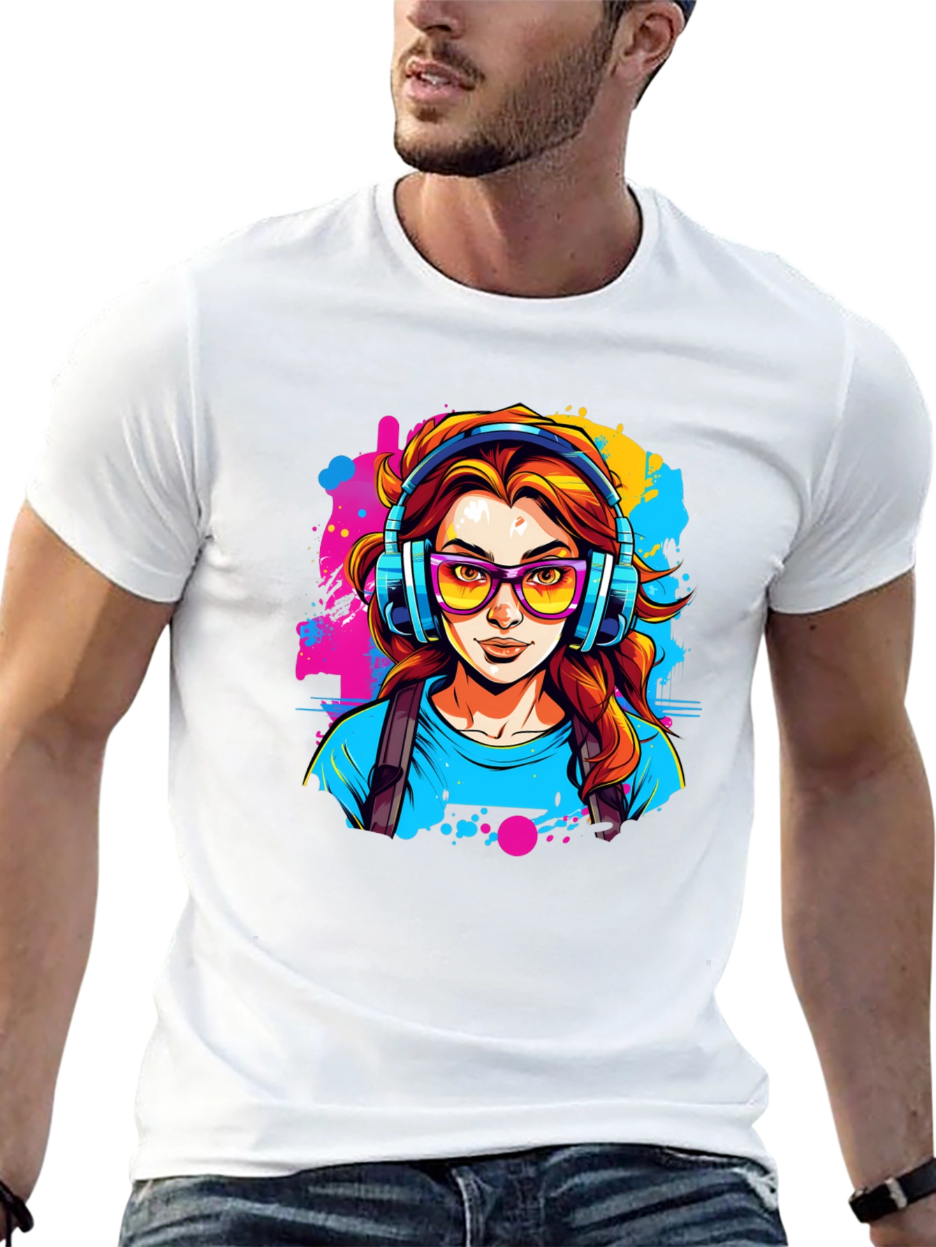 Black Graphic Print T-Shirt - Woman with Headphones view 13