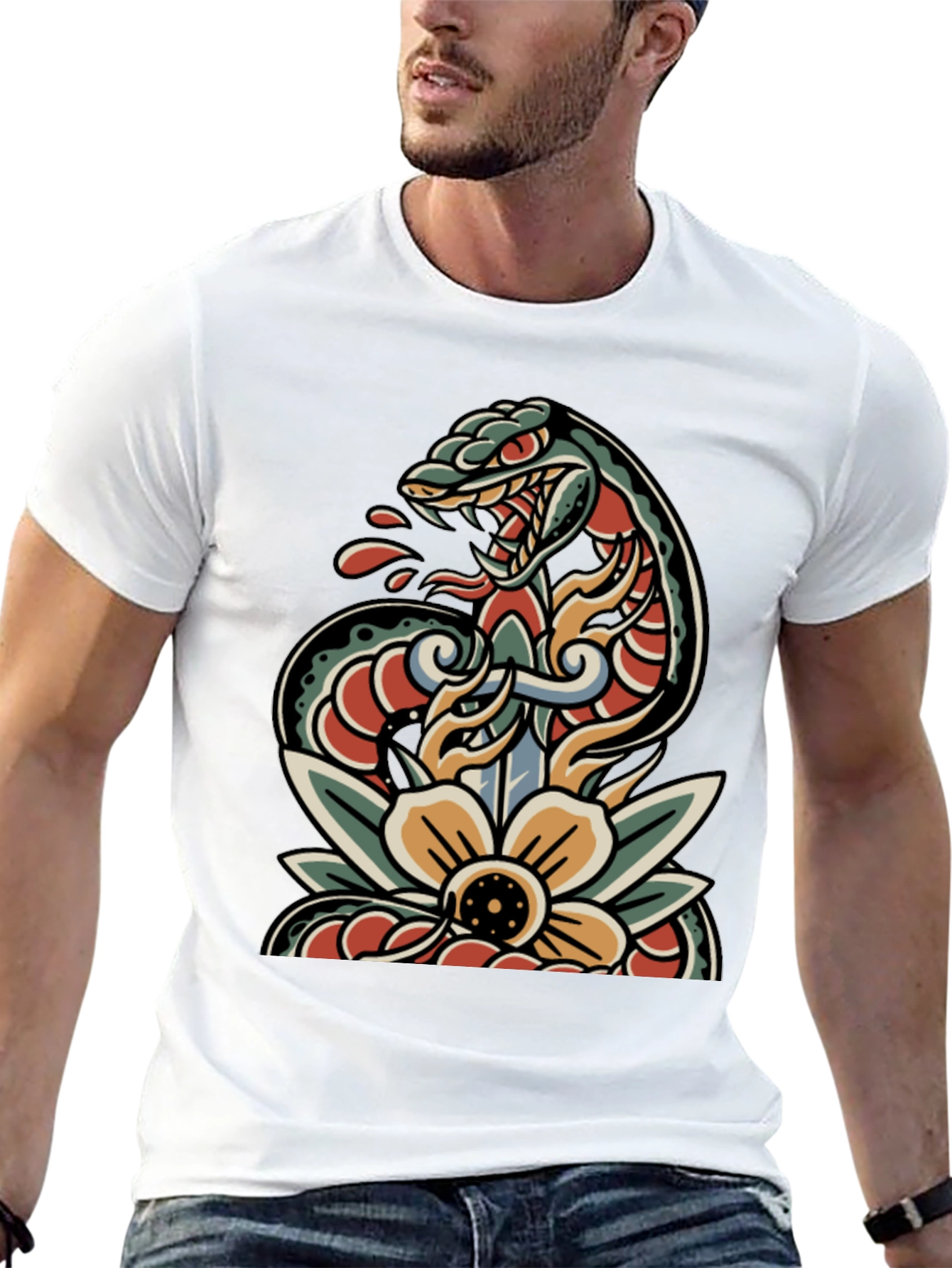 Black Snake & Dagger Tattoo Style T-Shirt view 13