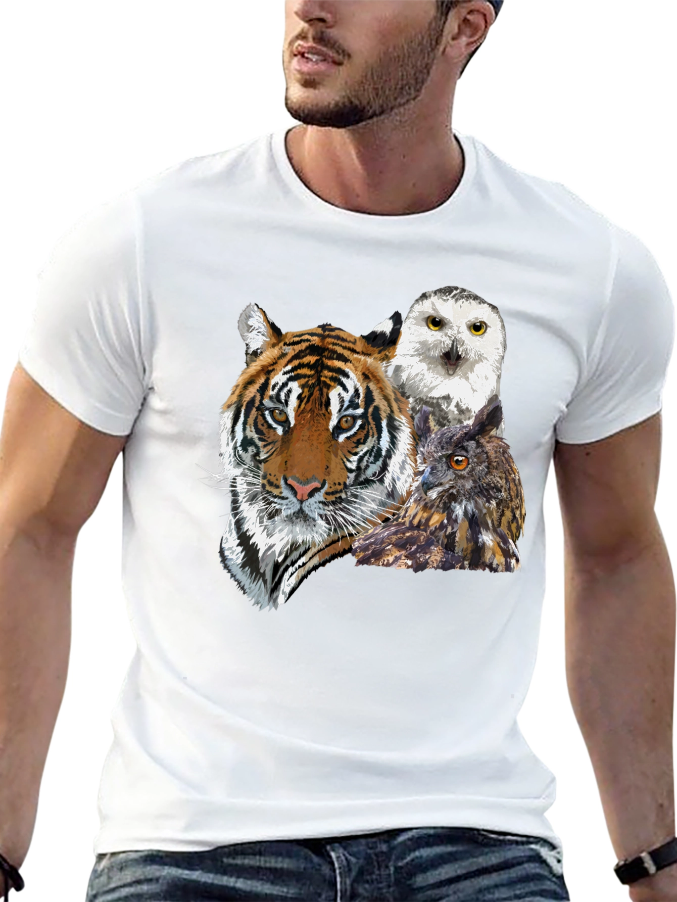 Black Tiger and Owl Graphic Tee - Men's Black T-Shirt view 13