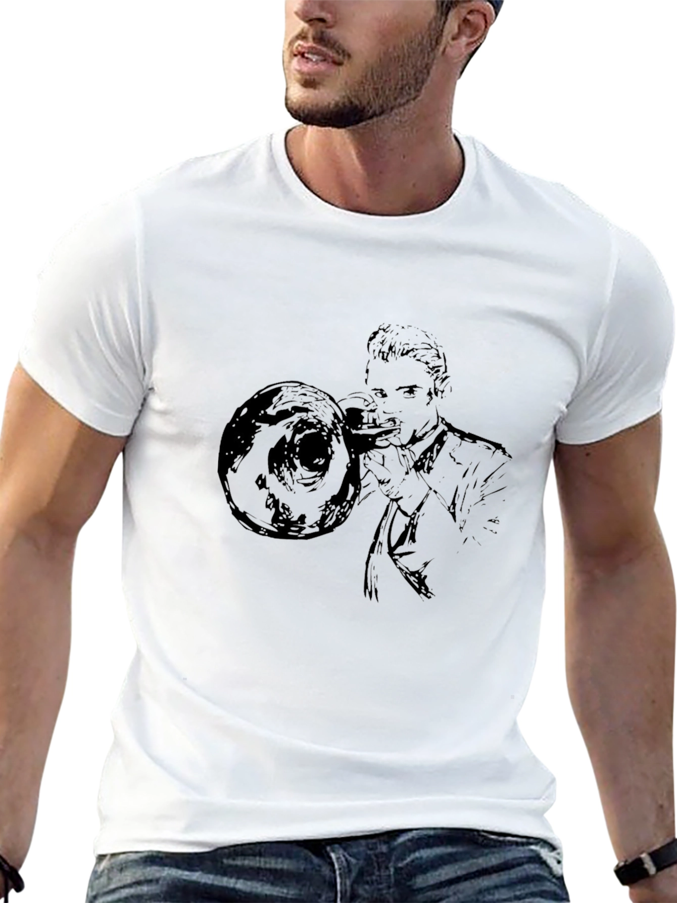 Black Trombone Player Graphic Tee - Black Cotton Shirt view 13