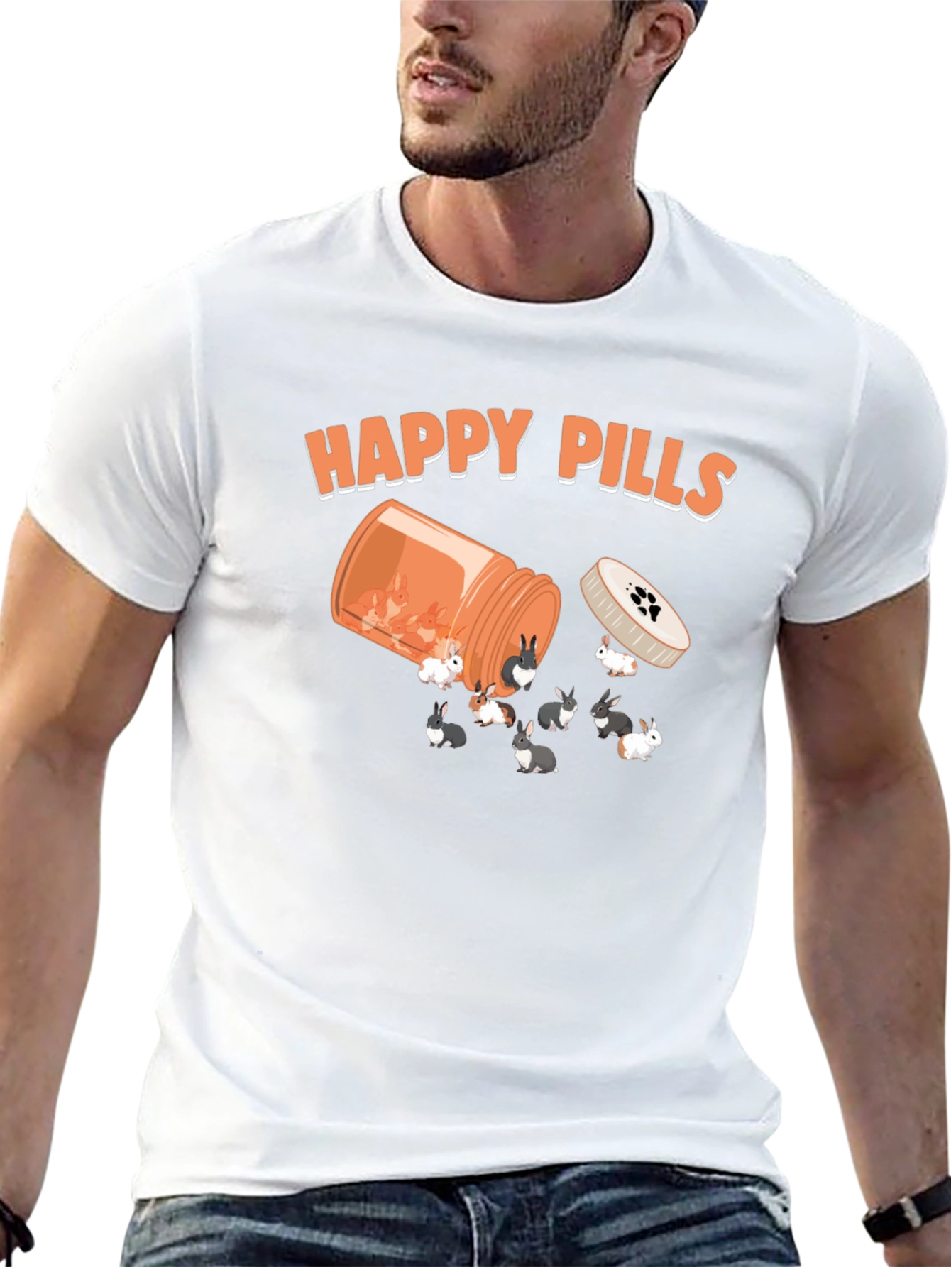 Black Happy Pills Bunny T-Shirt, Novelty Graphic Tee view 13