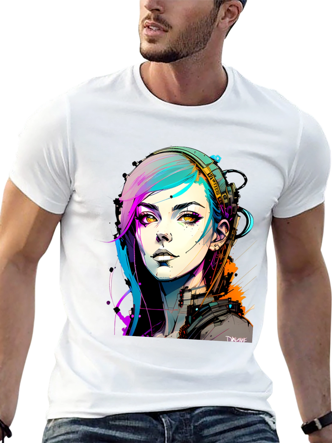 Black Cyberpunk Girl Graphic Tee - Black Cotton T-Shirt view 13