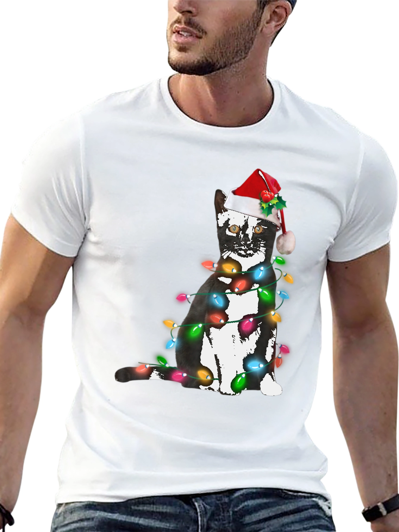 Black Festive Cat Christmas Lights T-Shirt view 13