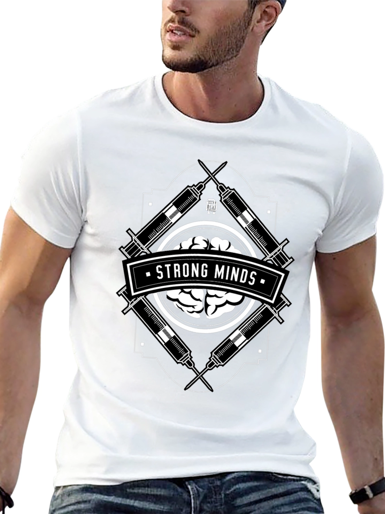 Black Strong Minds Graphic T-Shirt - Brain & Syringe Design view 13