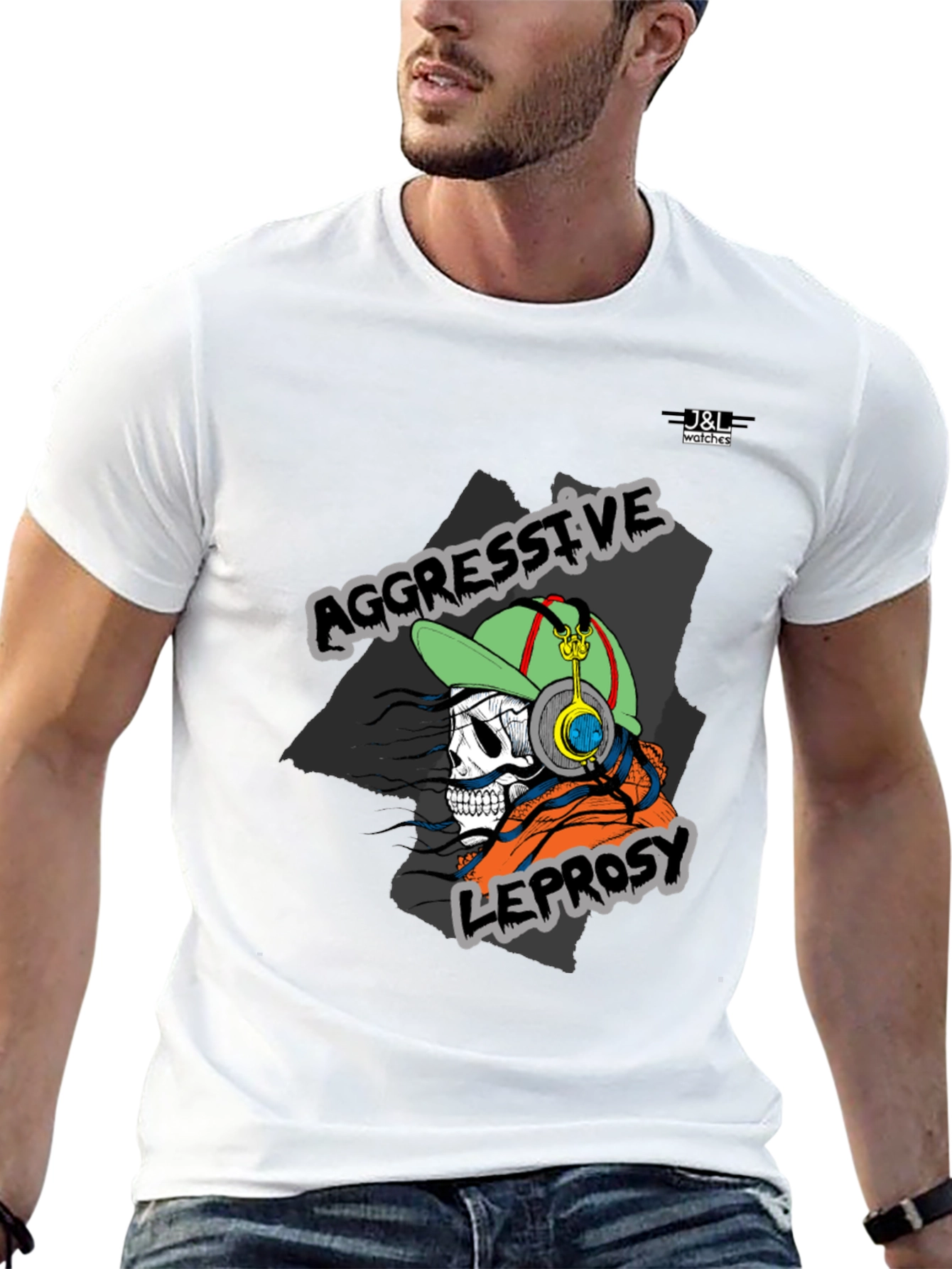 Black Aggressive Leprosy Graphic Tee - Skull with Headphones view 13