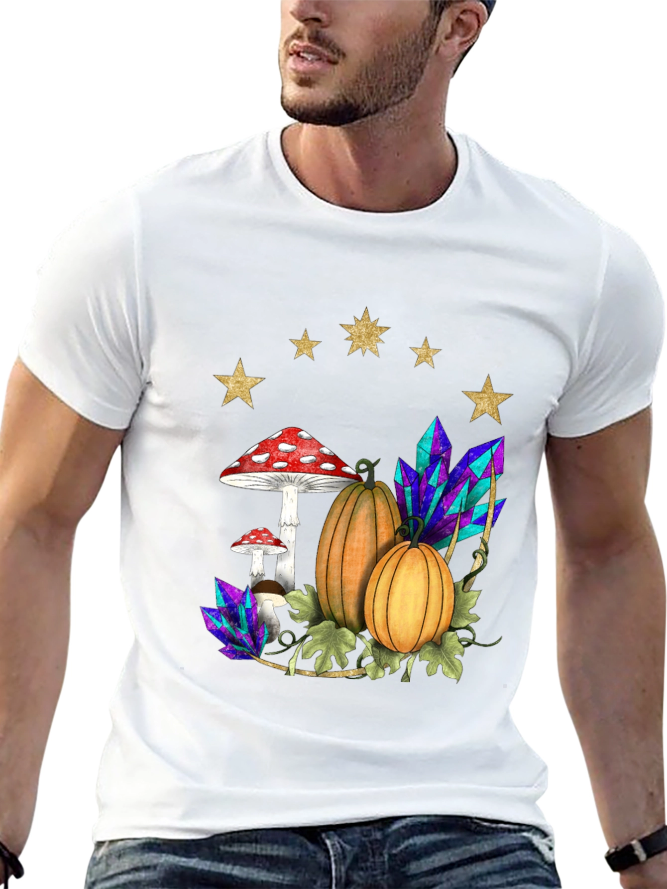 Black Whimsical Harvest T-Shirt: Pumpkins, Mushrooms & Crystals view 13