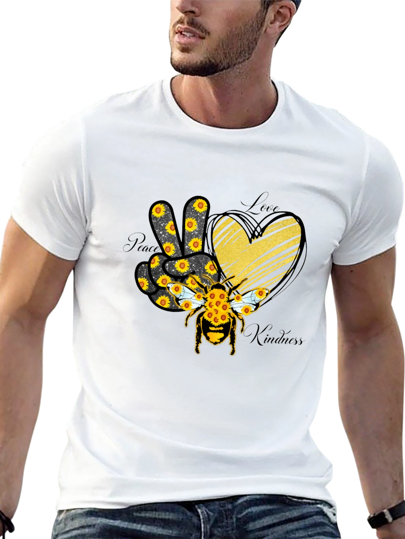 Black Peace Love Kindness Sunflower Bee T-Shirt view 13