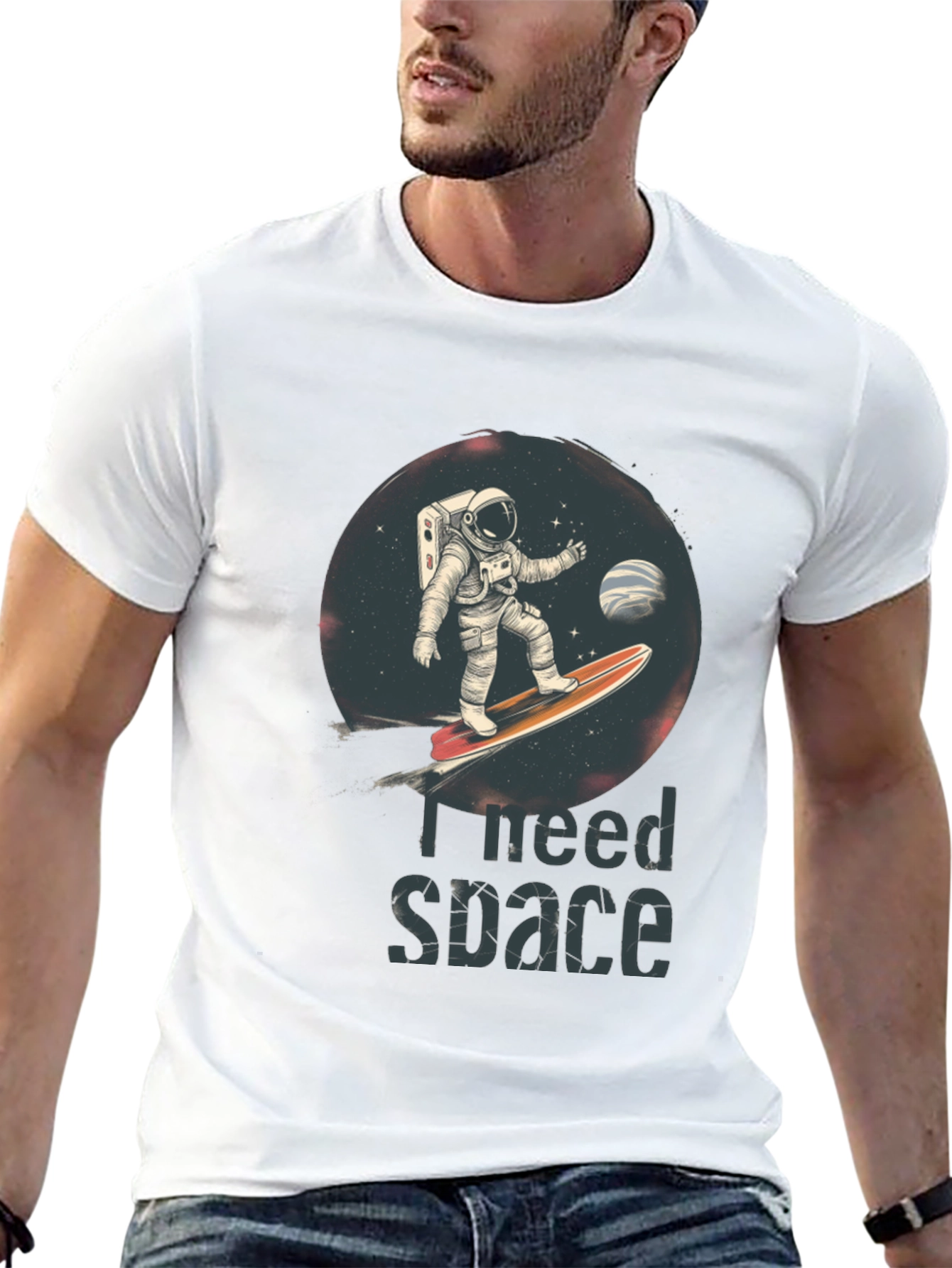Black I Need Space T-Shirt - Astronaut Surfing Design view 13