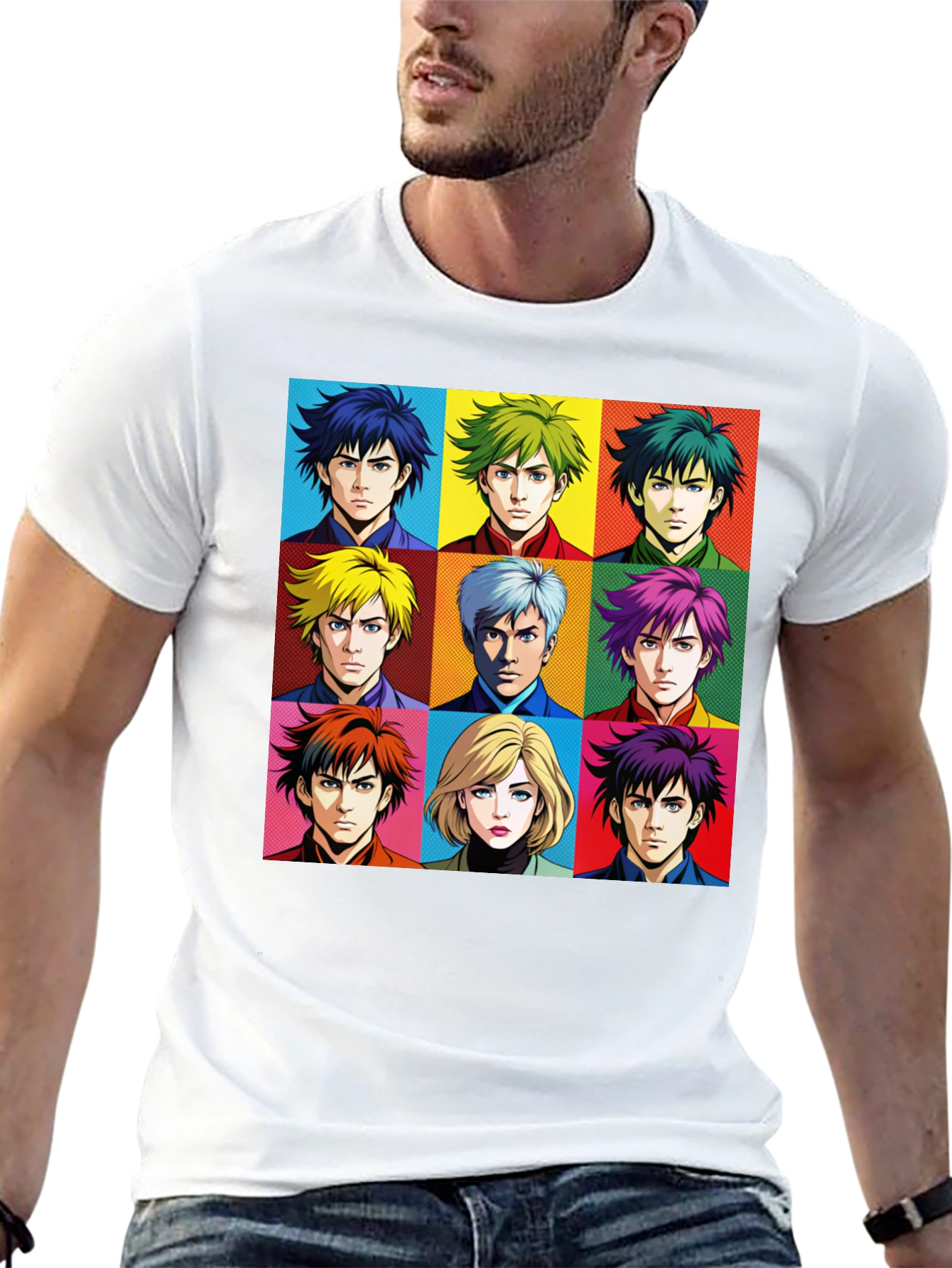 Black Anime Faces T-Shirt, Pop Art Design view 13