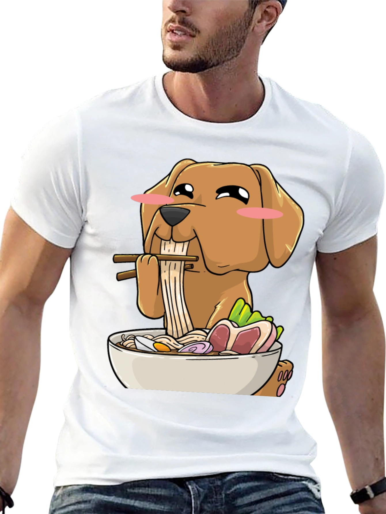 Black Dog Eating Ramen Funny T-Shirt view 13